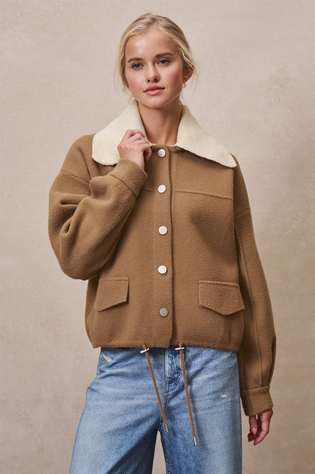 Sweater Knit Button Front Jacket with Detachable Collar in OLIVE - Women's Jackets & Blazers | Urban Daizy