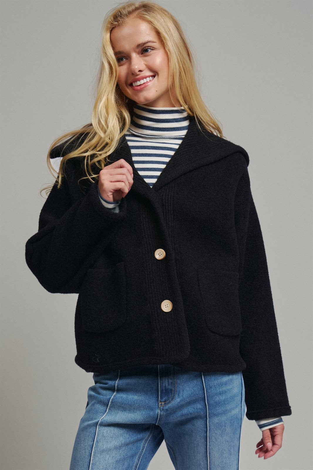 Hooded Button-Front Wool Blend Short Jacket in BLACK - Women's Jackets & Blazers | Urban Daizy
