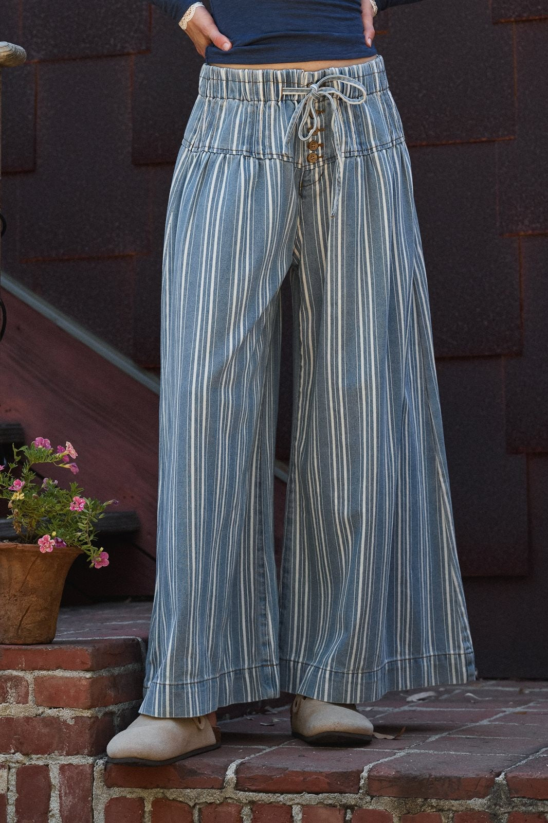 Striped Denim Wide Leg Palazzo Pants Vintage Wash Boho Coast in LT DENIM - Women's Casual Pants | Urban Daizy