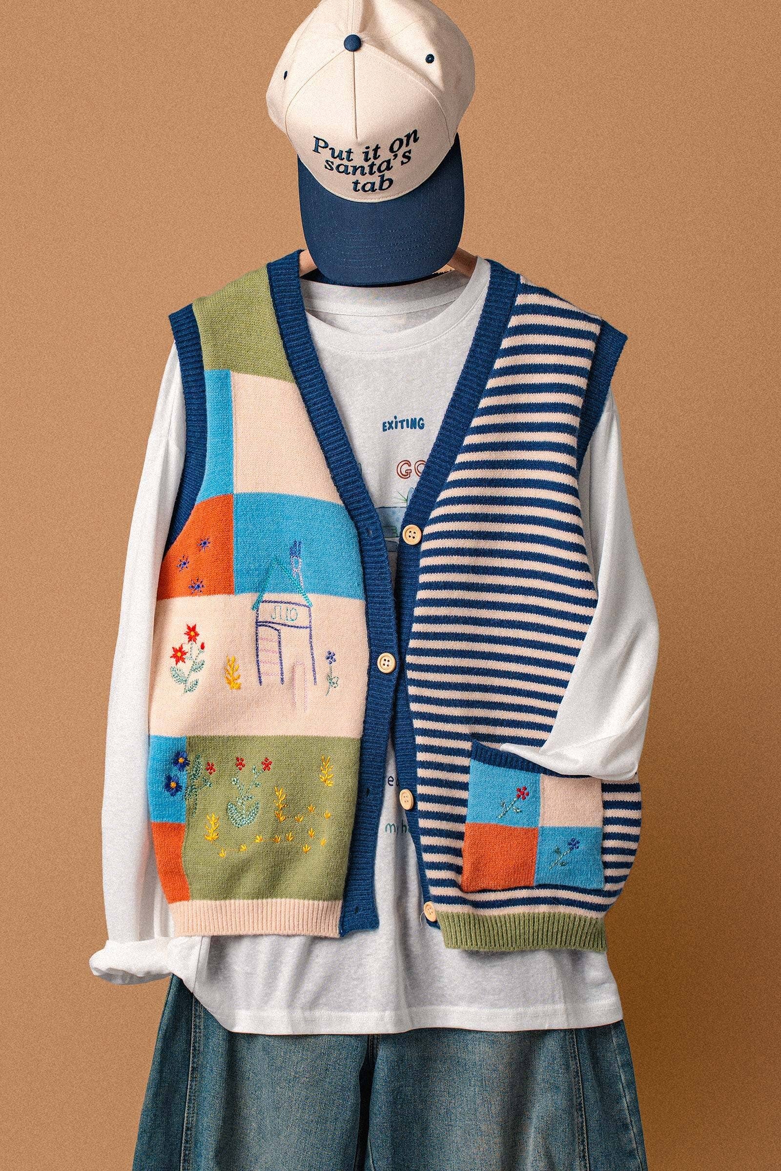 Embroidered Patchwork Striped Knit Vest