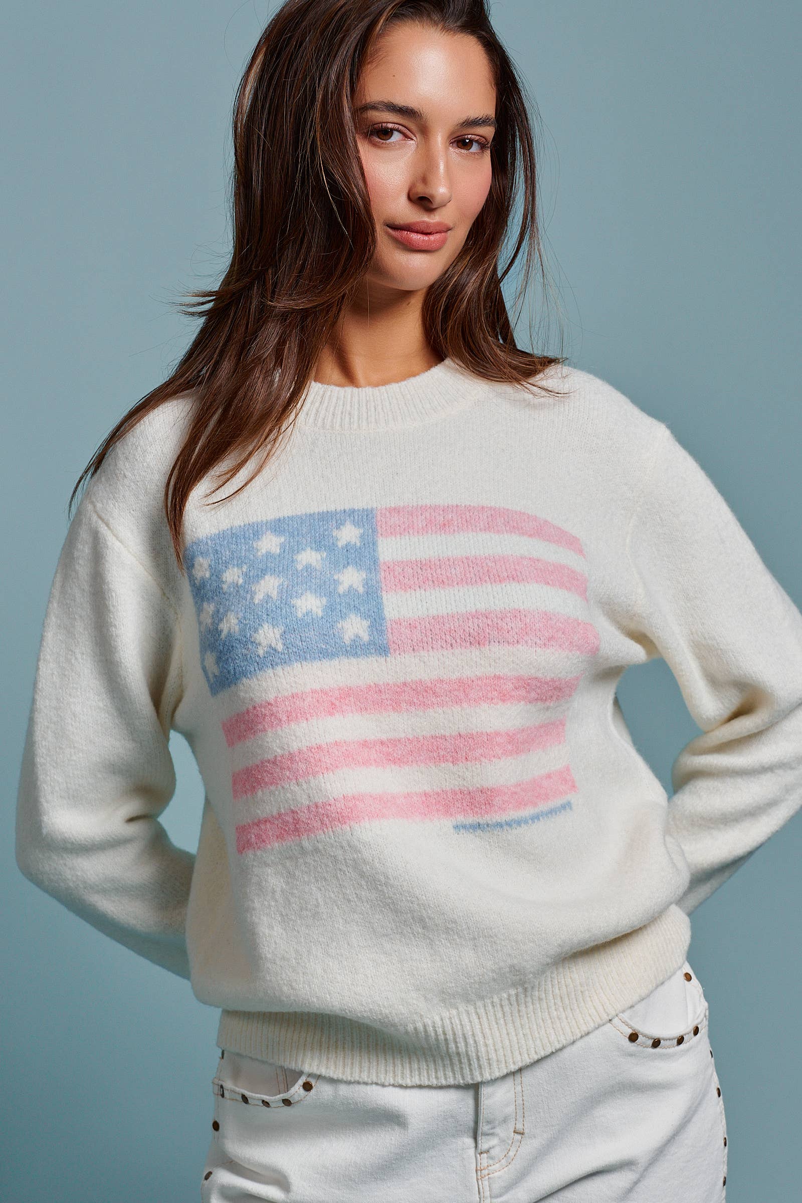 Urban Daizy Vintage Flag Graphic Relaxed Soft Knit Sweater Ivory Cardigan - Women's (TNTP4028-Ivory) – alternate view 3