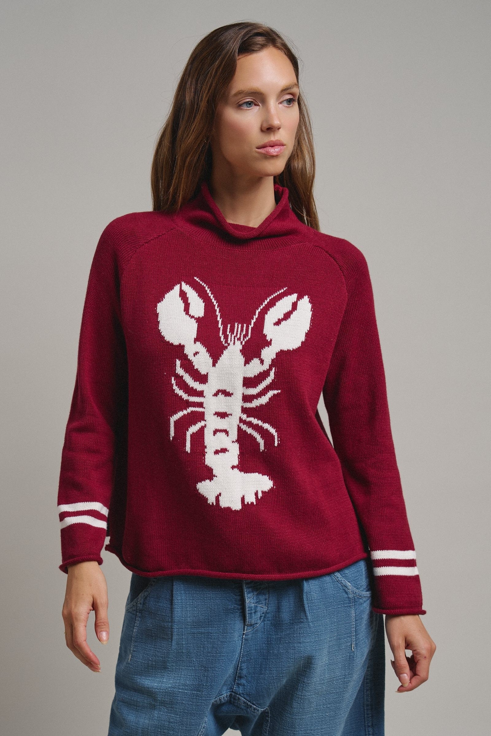 Lobster Intarsia Mock Neck Knit Sweater in BURGUNDY - Women's Sweaters | Urban Daizy