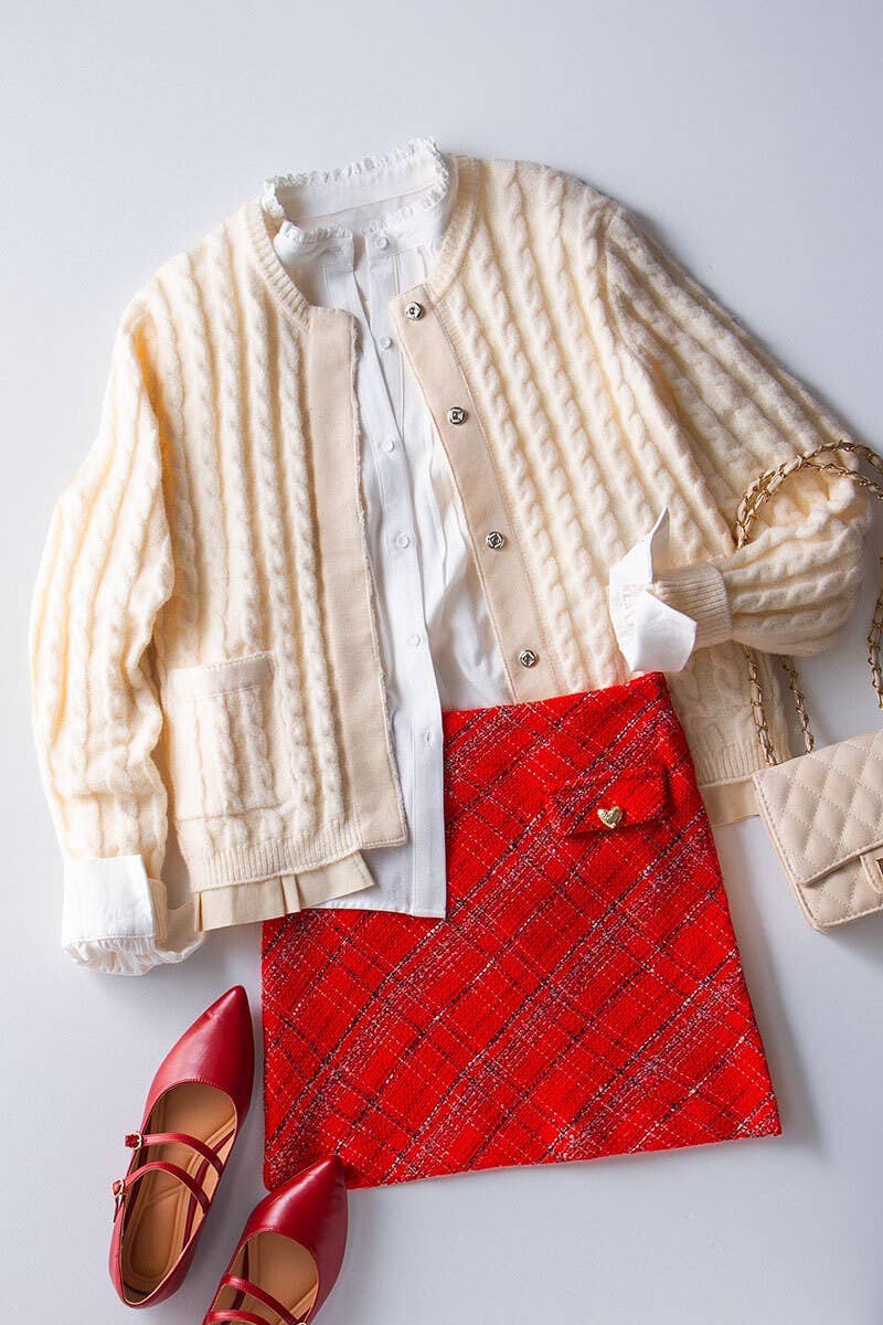 Urban Daizy Cable Knit Snap Front Ribbed Trim Long Sleeve Sweater Ivory Cardigan - Women's (UDZ-KN-00628) – alternate view 6