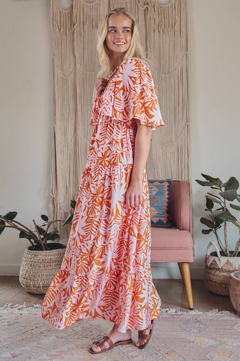 Tropical Leaf Print Maxi Dress