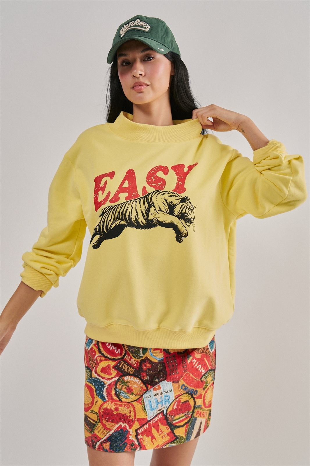 Easy Tiger Graphic Mock Neck Sweatshirt Brushed French Terry in YELLOW - Women's Sweatshirts & Hoodies | Urban Daizy
