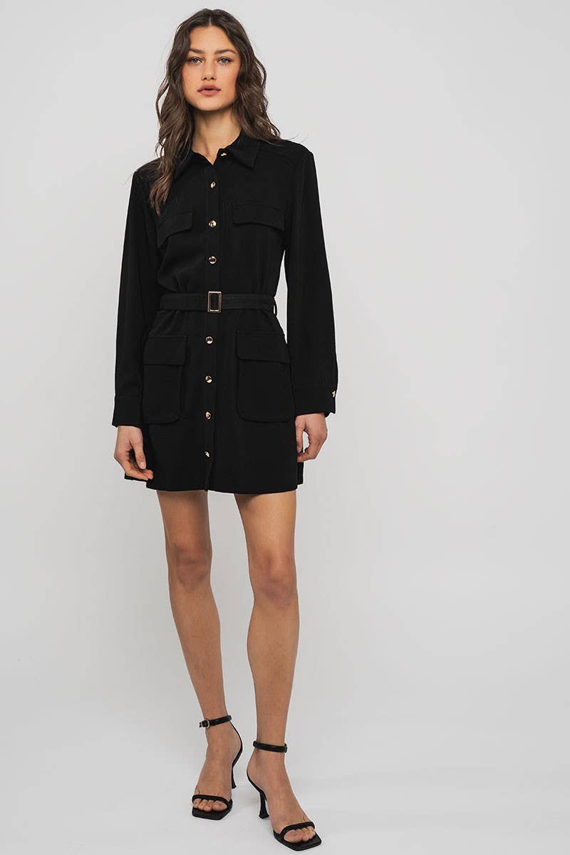 Urban Daizy Gentle Whisper Belted Long Sleeve Mini Shirt Dress Black Dress - Women's (UDZ-DR-00353) – alternate view 9