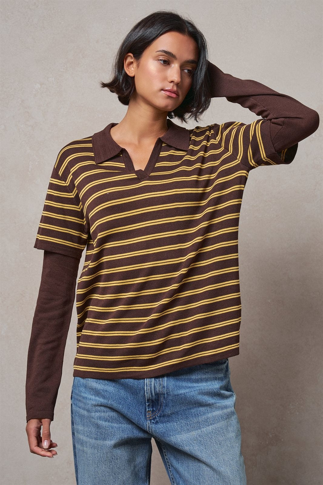 Striped Collared Layered Polo Top in BROWN - Women's Sweaters | Urban Daizy