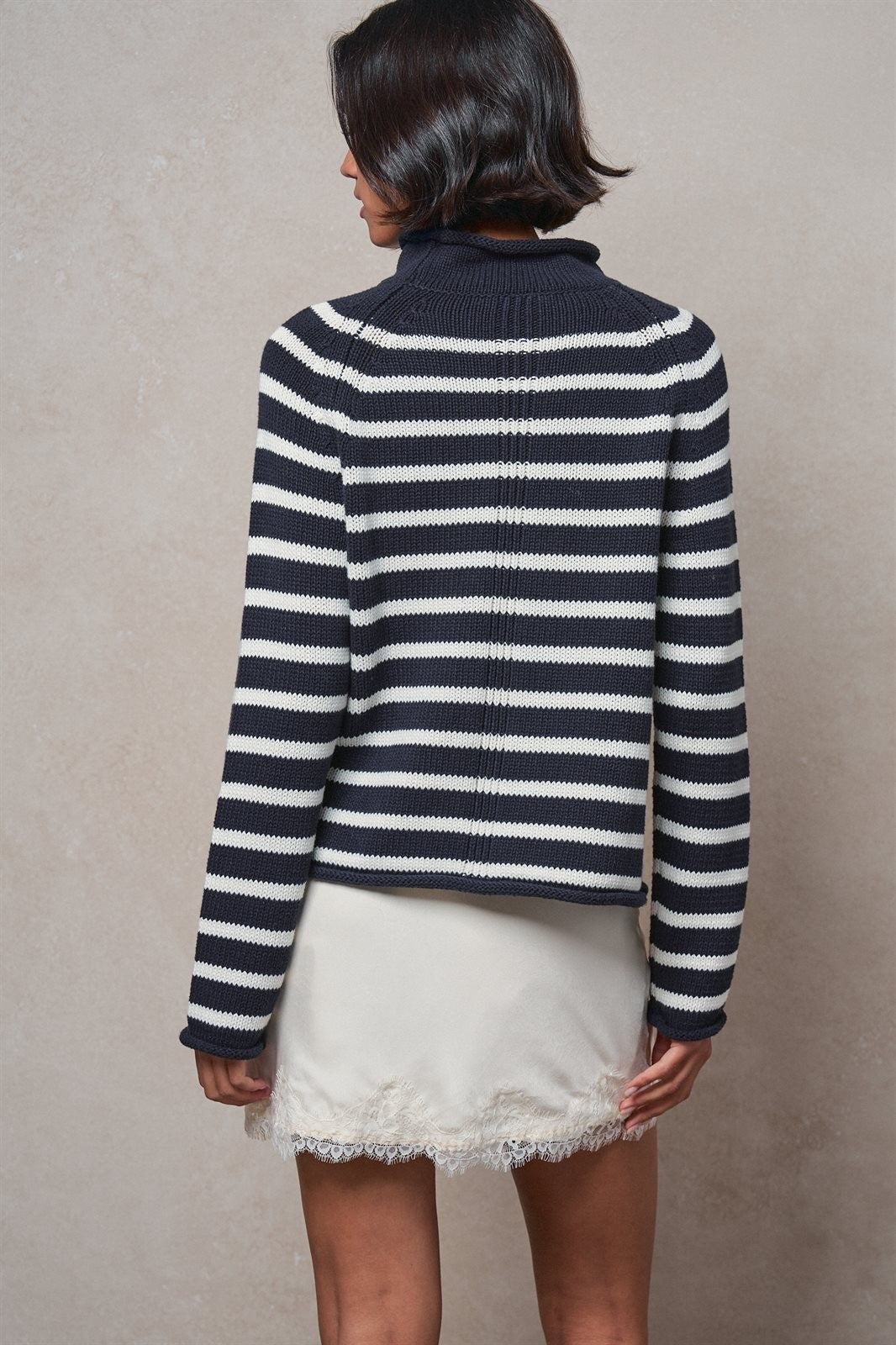 Striped Mock Neck Sweater with Rolled Neckline in IVORY NAVY - Women's Sweaters | Urban Daizy