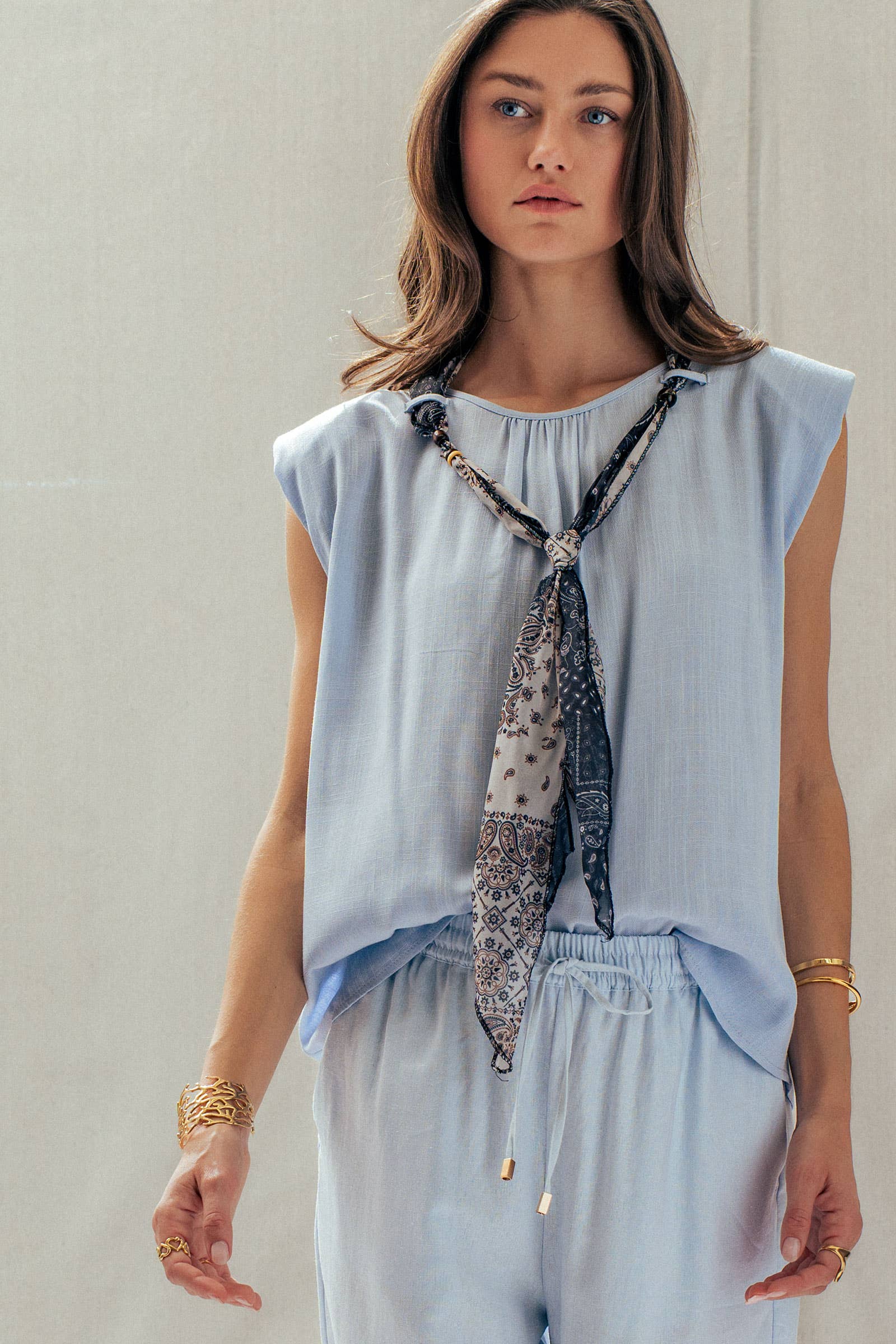 Paisley Scarf Tie Linen Blend Muscle Top