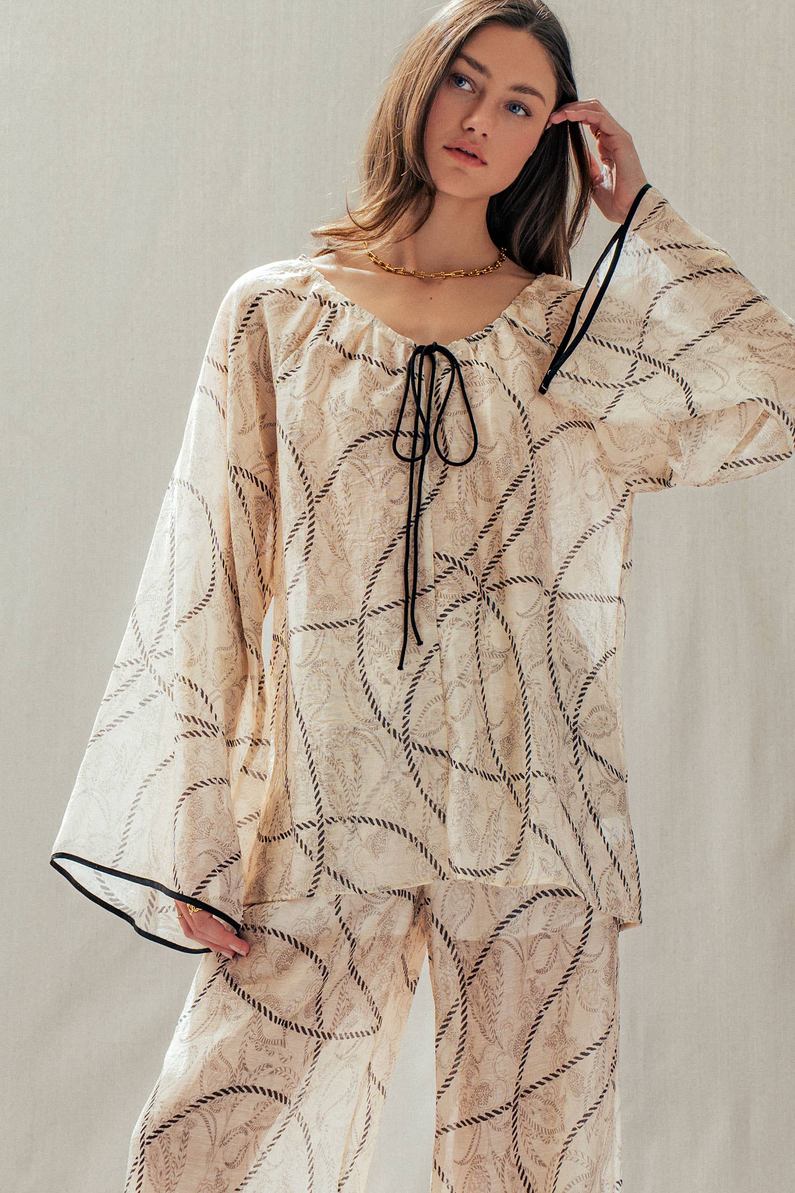 Urban Daizy Nautical Rope Print Tencel Linen Bell Sleeve Top Ivory Blouse - Women's (UDTP1428-Ivory)