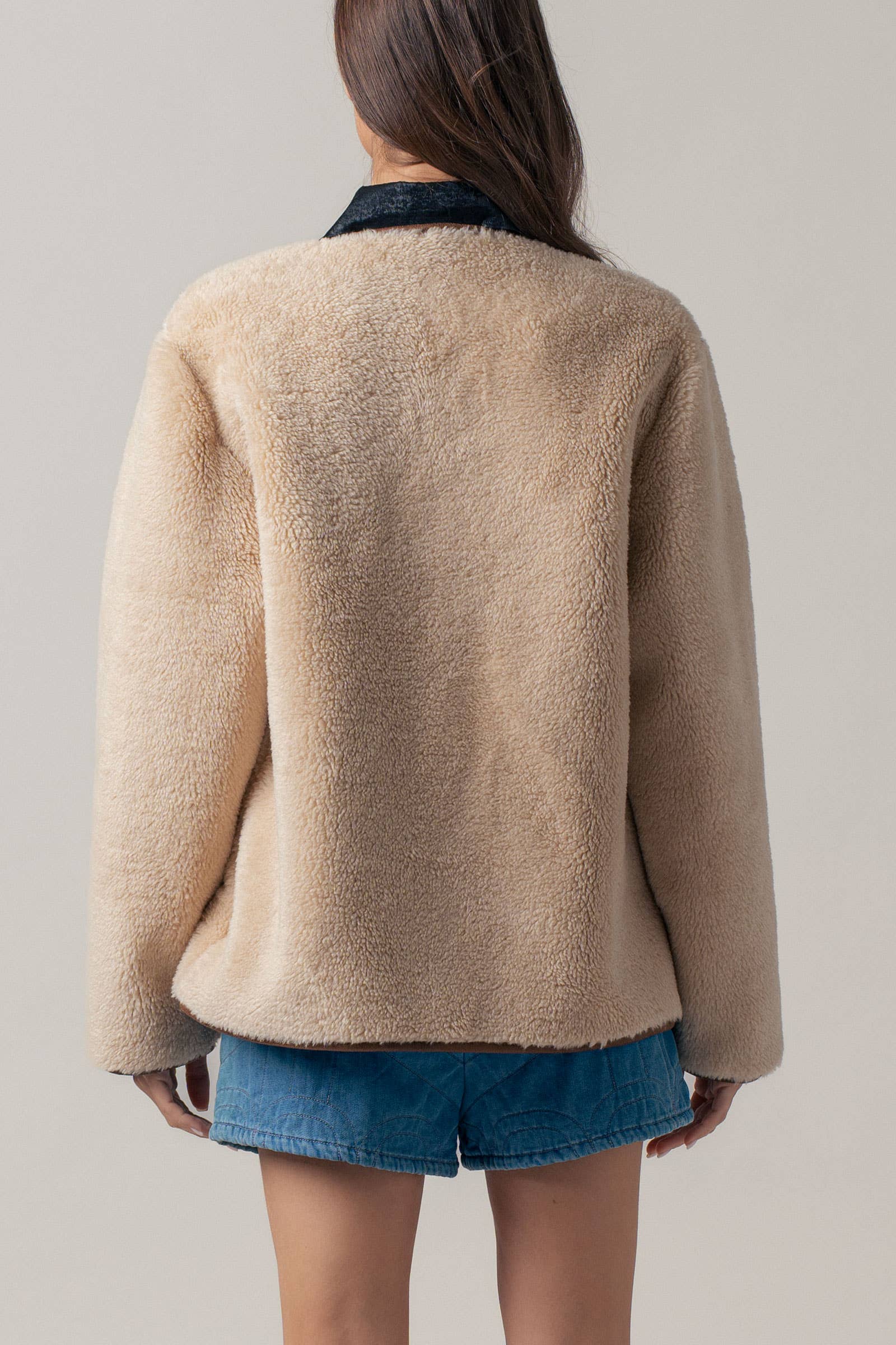 Faux Shearling Jacket with Suede Pockets