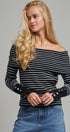 Off-Shoulder Striped Knit Top with Button Cuffs in BLACK - Women's Sweaters | Urban Daizy
