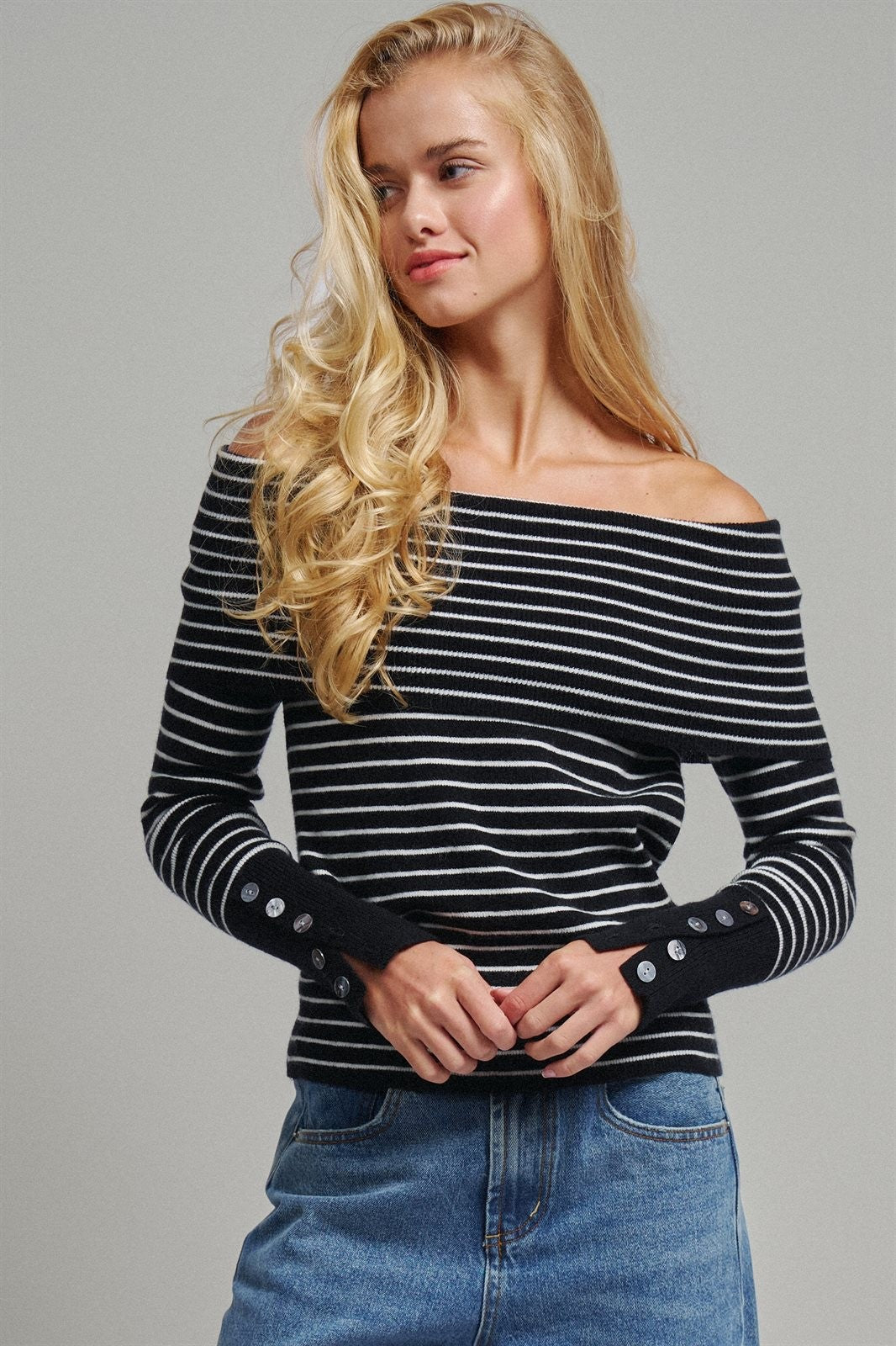 Off-Shoulder Striped Knit Top with Button Cuffs in BLACK - Women's Sweaters | Urban Daizy
