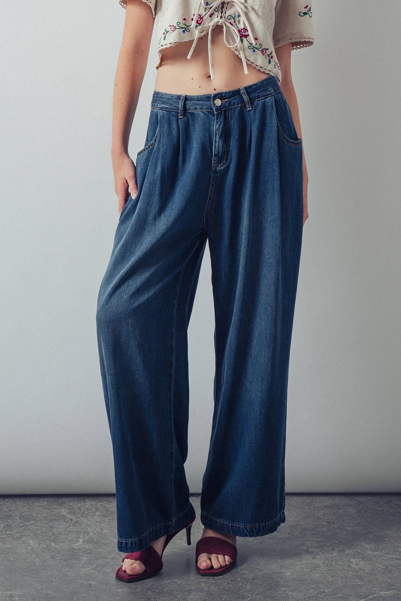 Pleated Wide-Leg Denim Pants