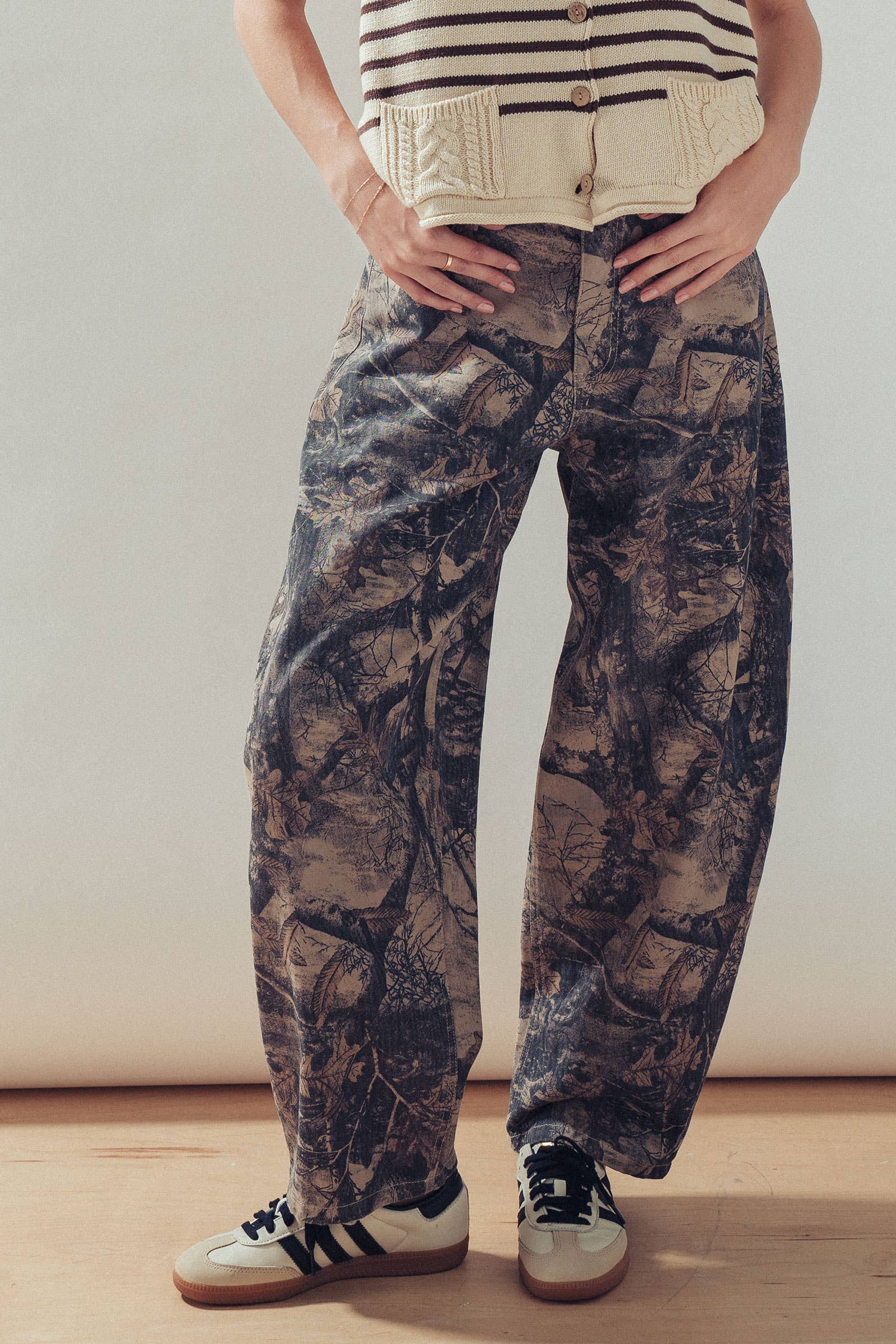 Forest Camo Print Barrel Leg Jeans