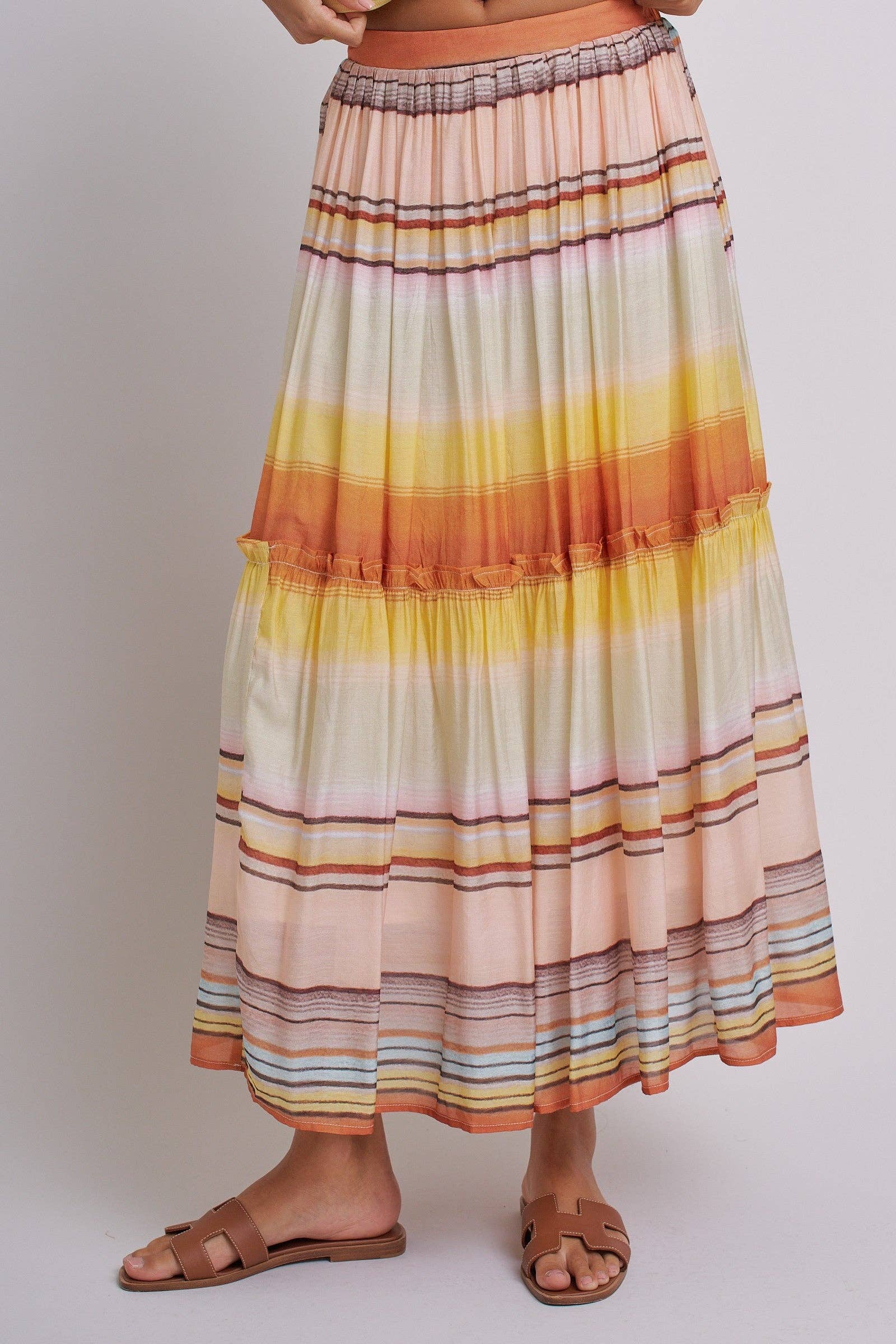 Sunset Stripe Tiered Maxi Skirt Boho Viscose Ruffled