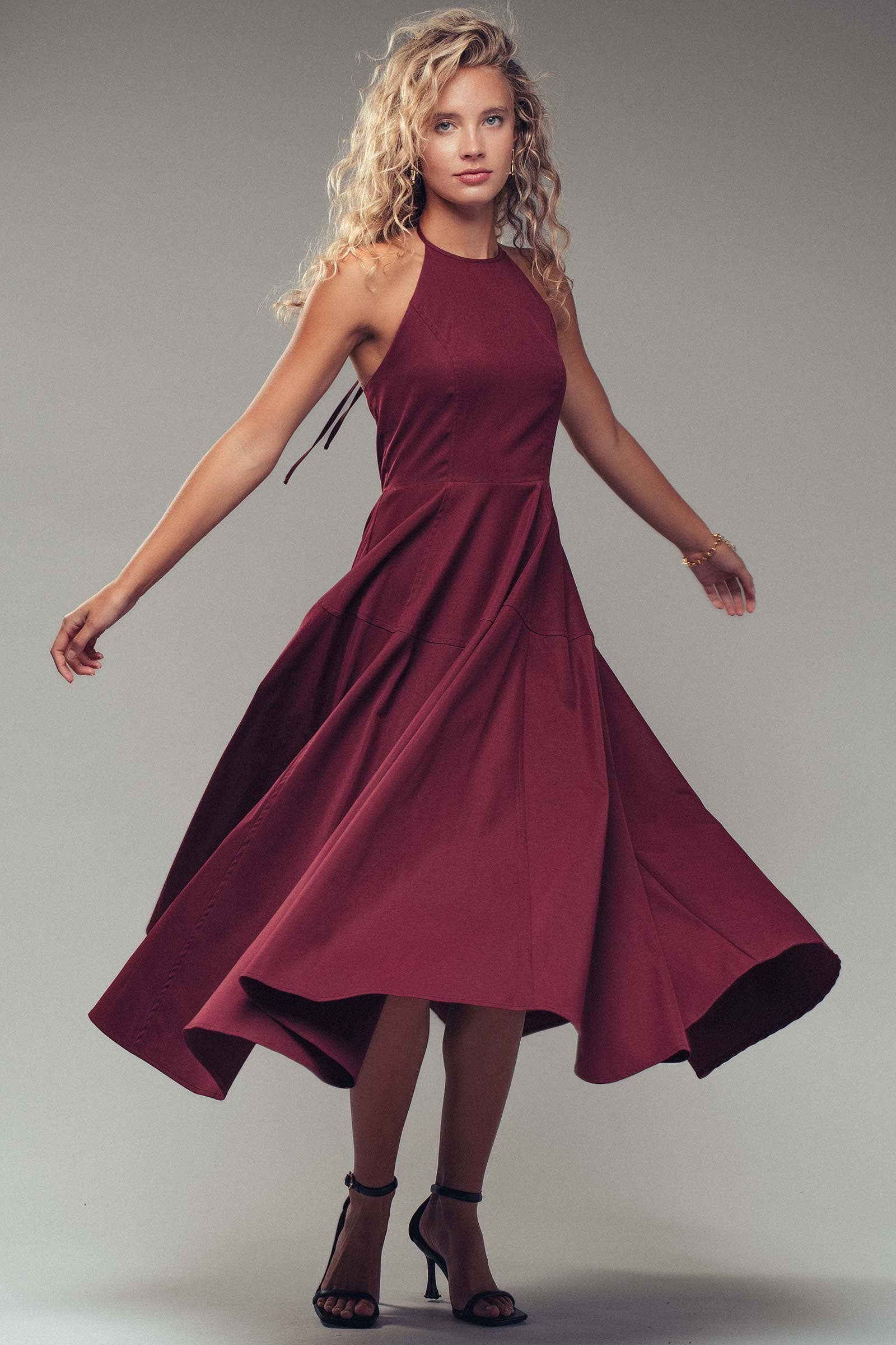 Halter Neck Smocked Back Full Skirt Midi Dress
