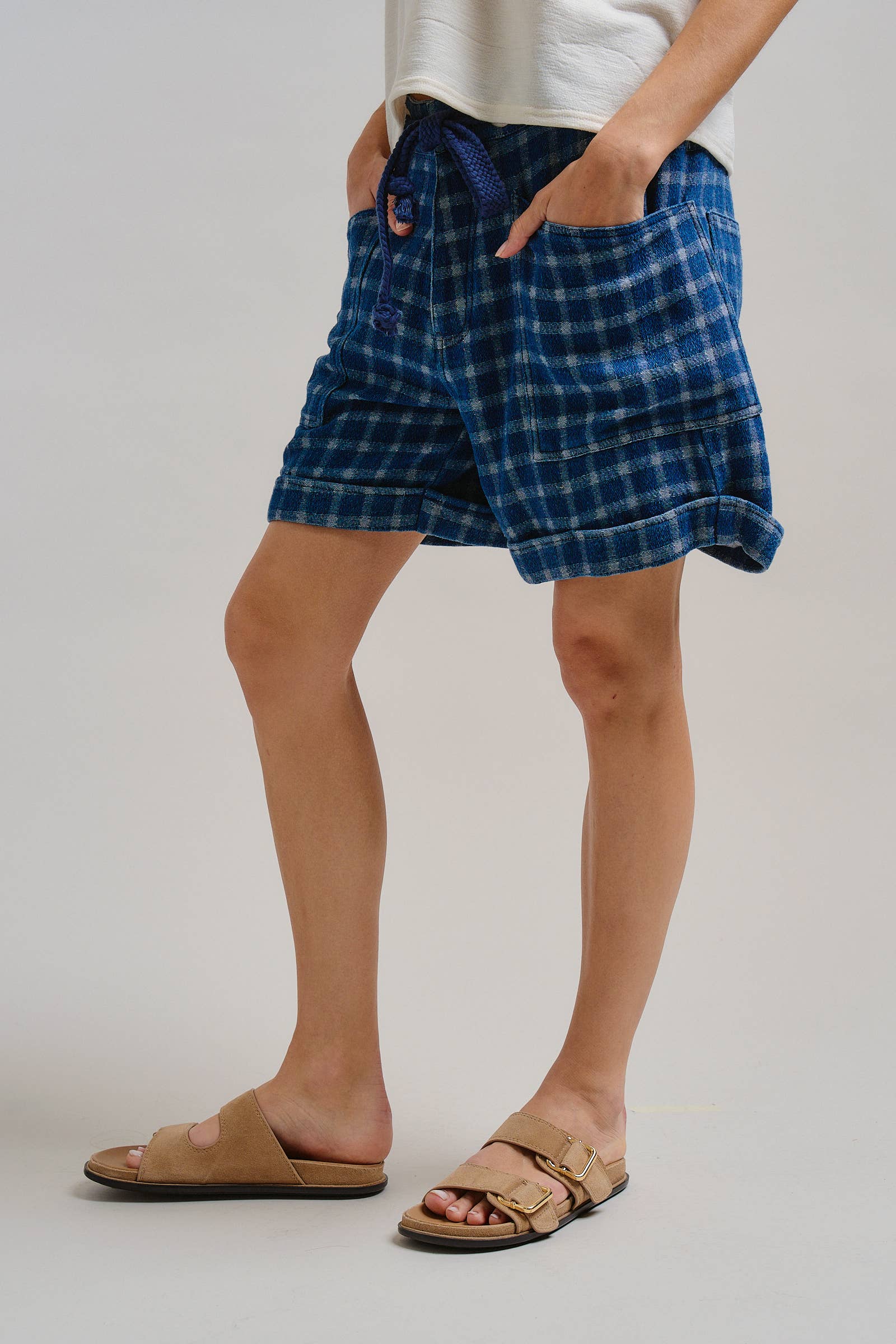 Plaid Cotton Blend Shorts Rope Drawstring