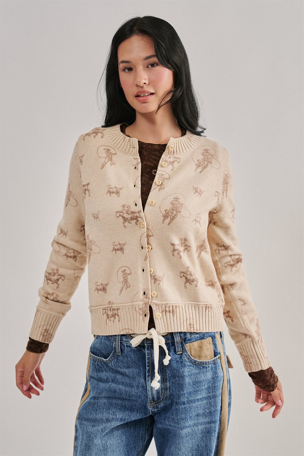 Western Cowboy Print Button Front Cardigan Sweater in KHAKI - Women's Cardigans & Shrugs | Urban Daizy