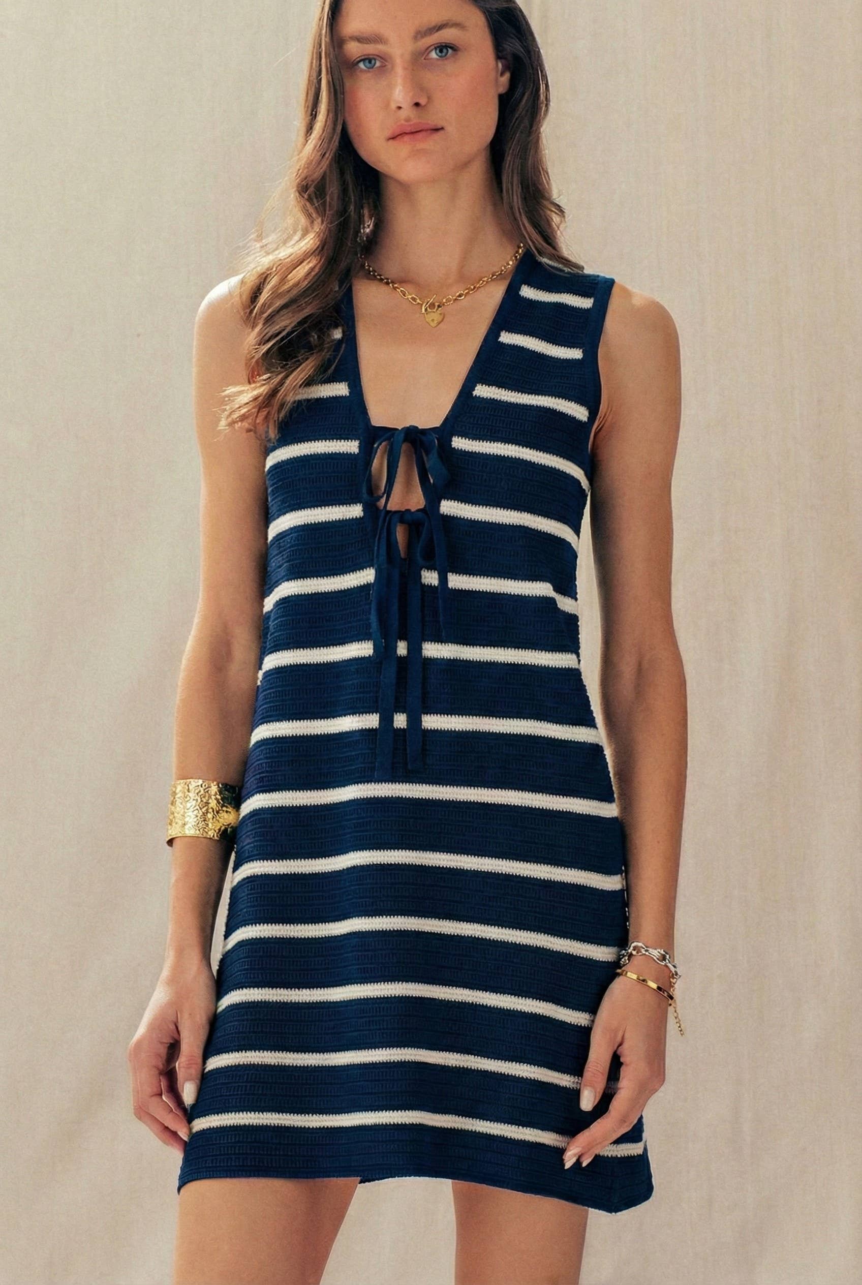 Striped Crochet Knit Mini Dress Tie Front