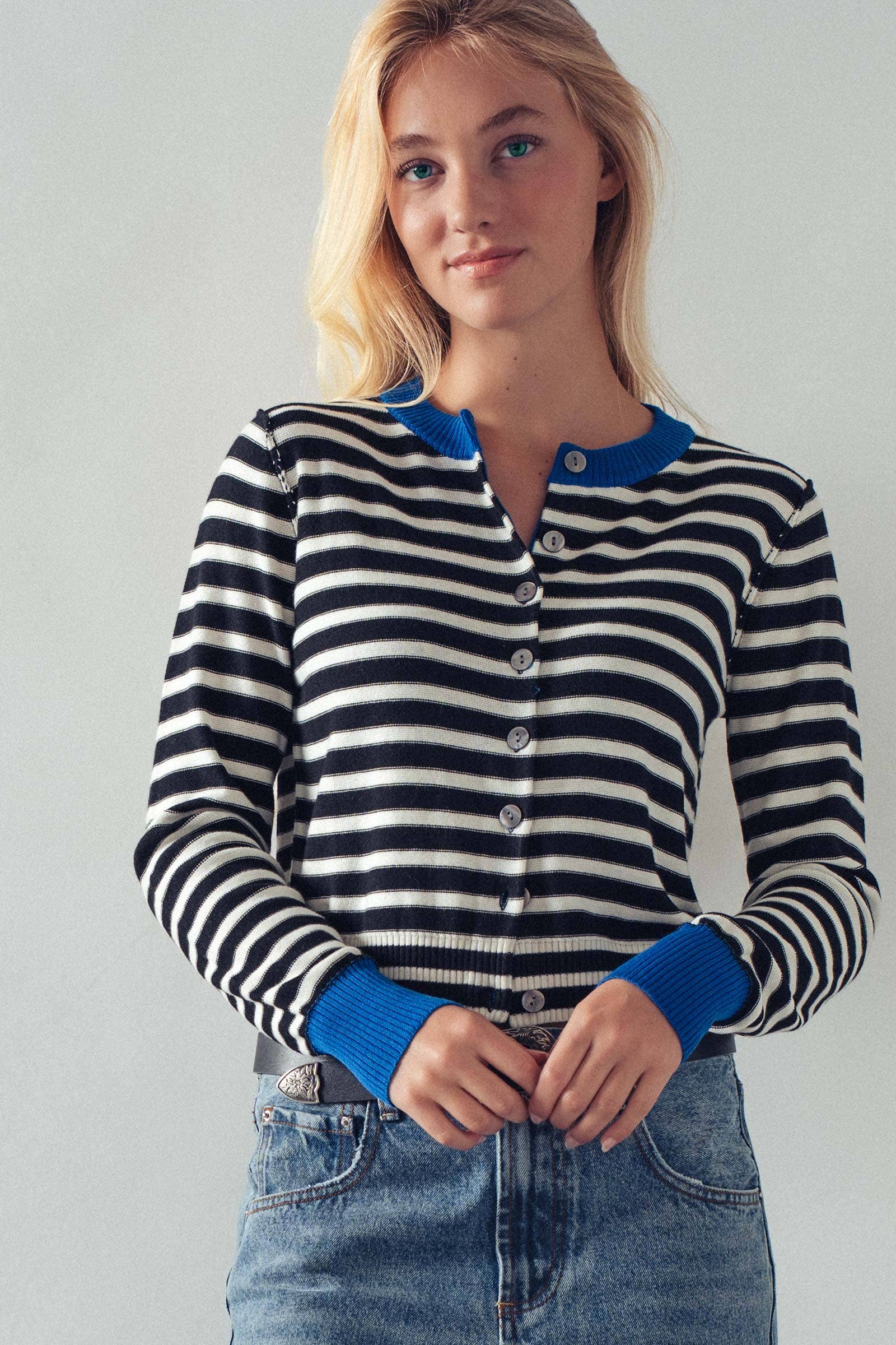 Striped Knit Cropped Button-Up Cardigan