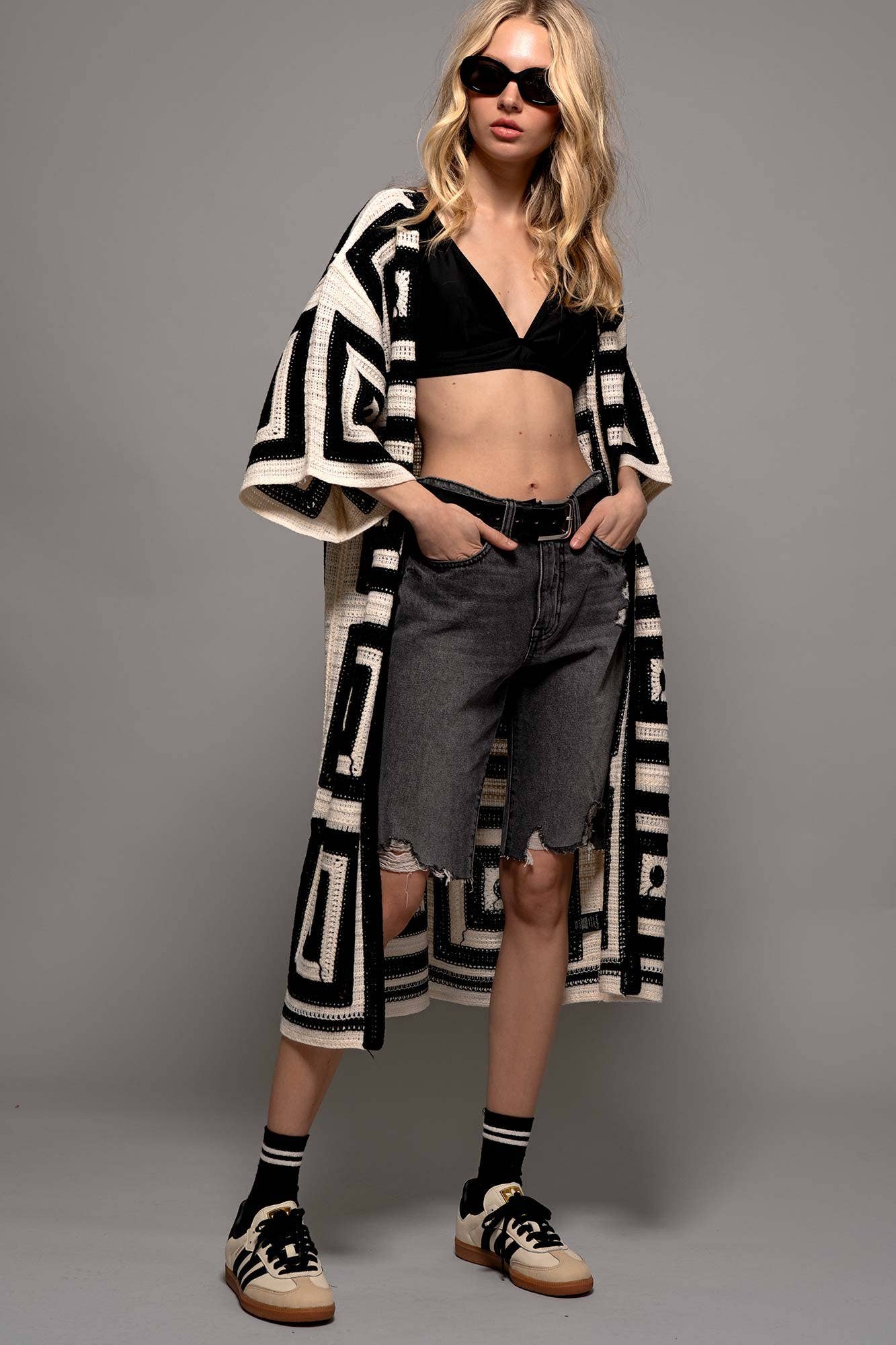 Urban Daizy Geometric Crochet Midi Length Open Front Cardigan Black Cardigan - Women's (UDZ-KN-00277) – alternate view 4