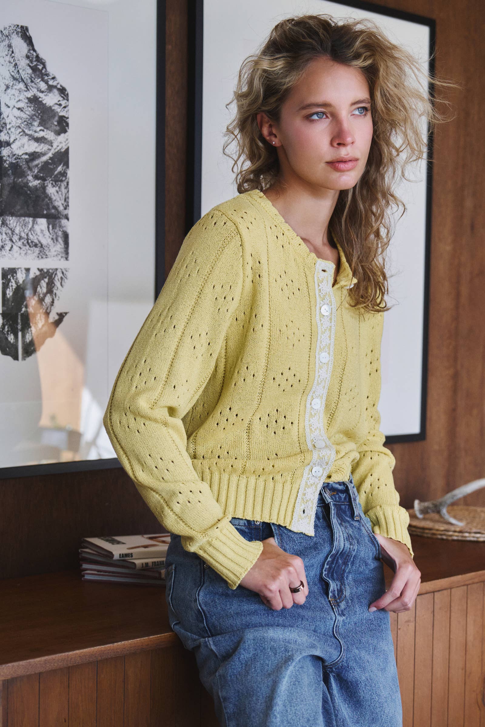 Urban Daizy Pointelle Knit Cardigan Lace Trim Button Down Green Cardigan - Women's (UDZ-KN-01051) – alternate view 3