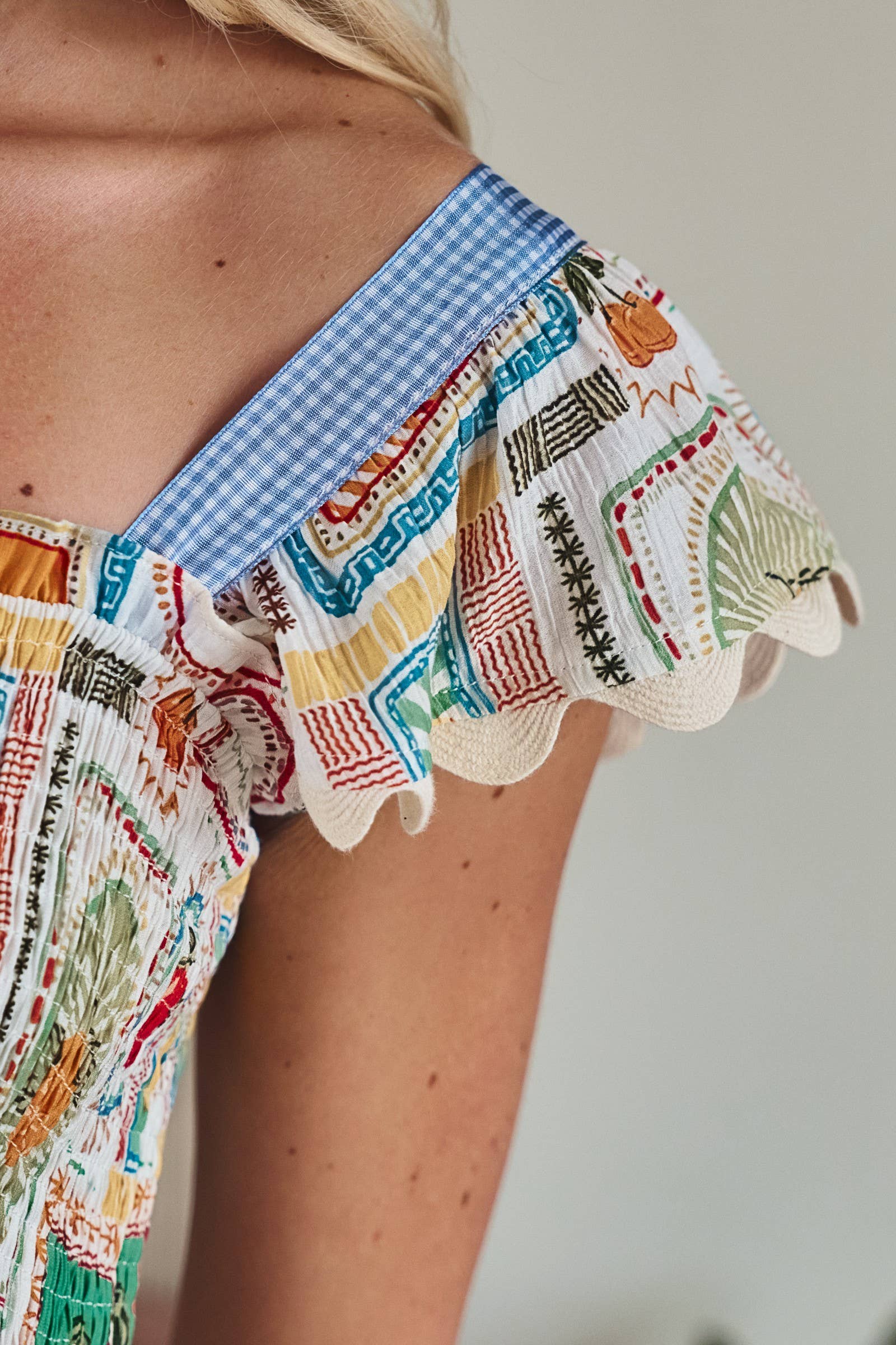 Novelty Stamp Print Smocked Midi Dress