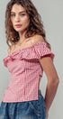 Urban Daizy Gingham Ruffle Off-Shoulder Crop Top Pink Blouse - Women's (UDZ-TP-01034) – alternate view 36