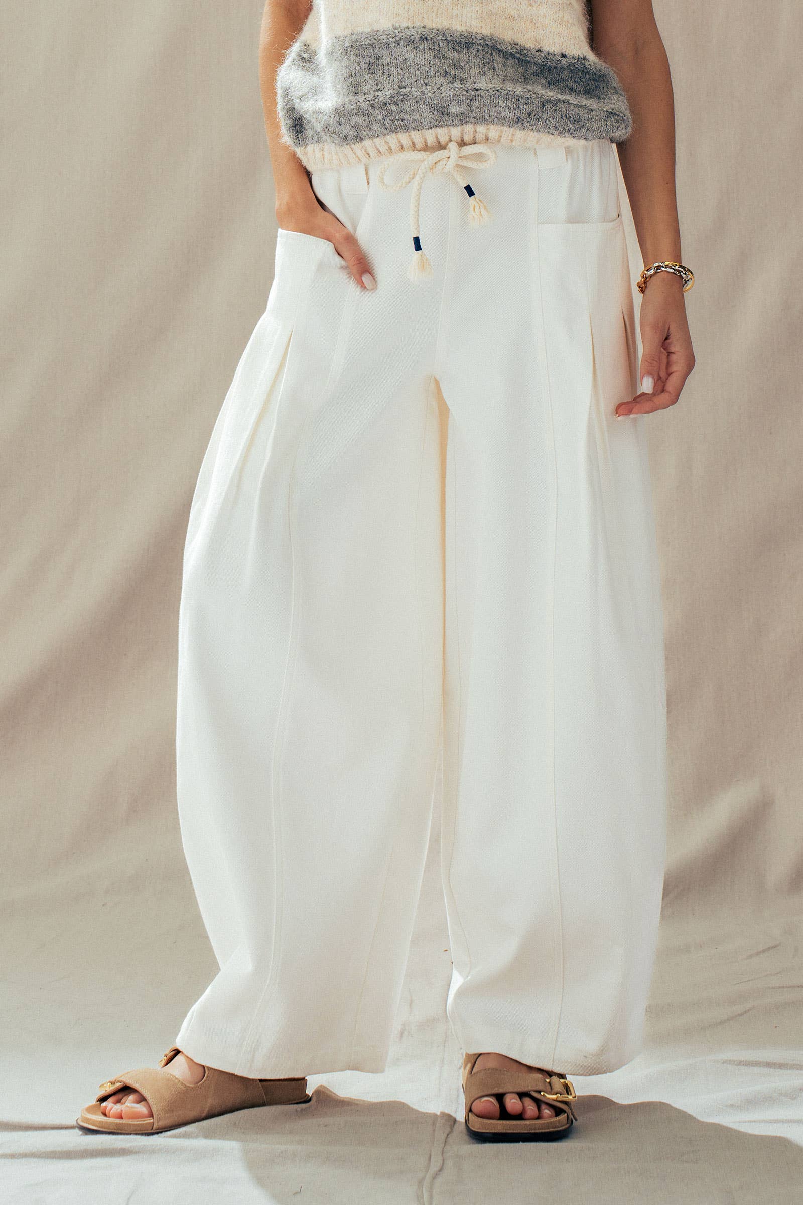 Urban Daizy Rope Drawstring Balloon Pants Pleated Front Brown-Stripe Pants - Women's (UDZ-PT-00481) – alternate view 29