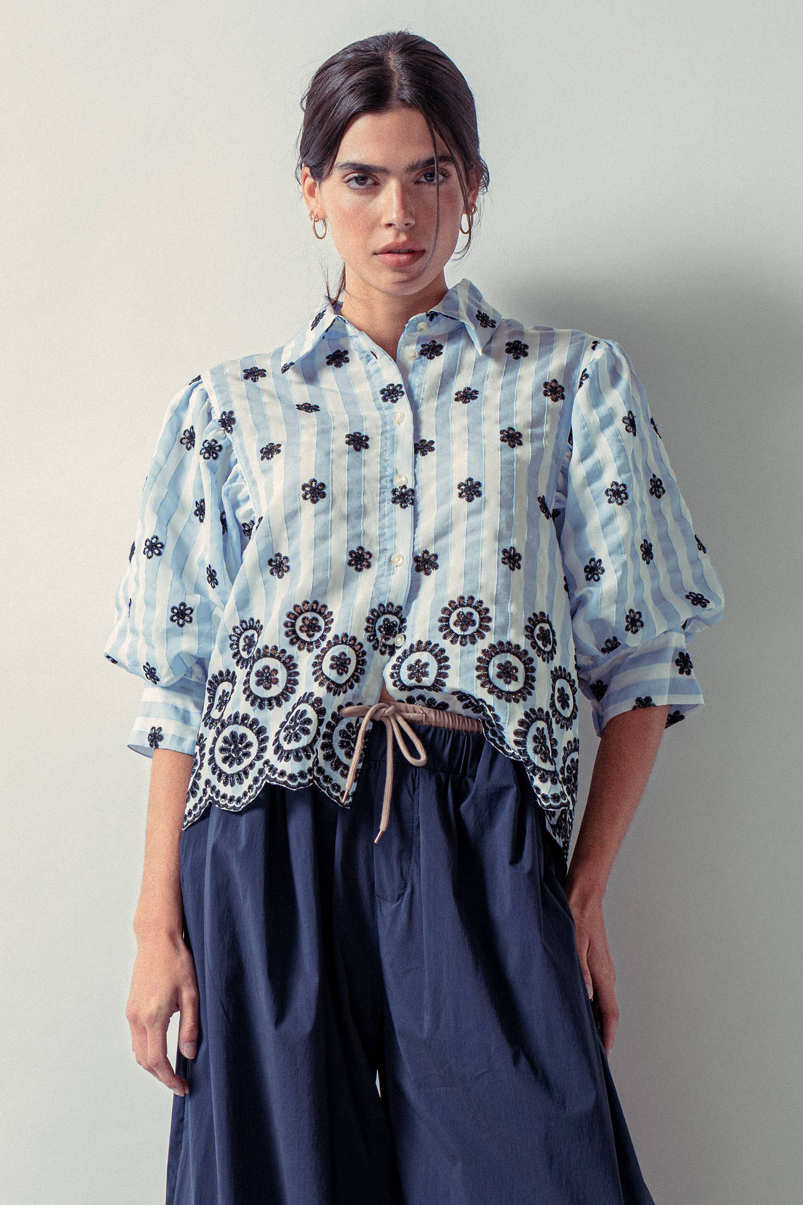 Urban Daizy Striped Floral Embroidered Scallop Blouse Olive Button Down Shirt - Women's (UDZ-TP-00953) – alternate view 10