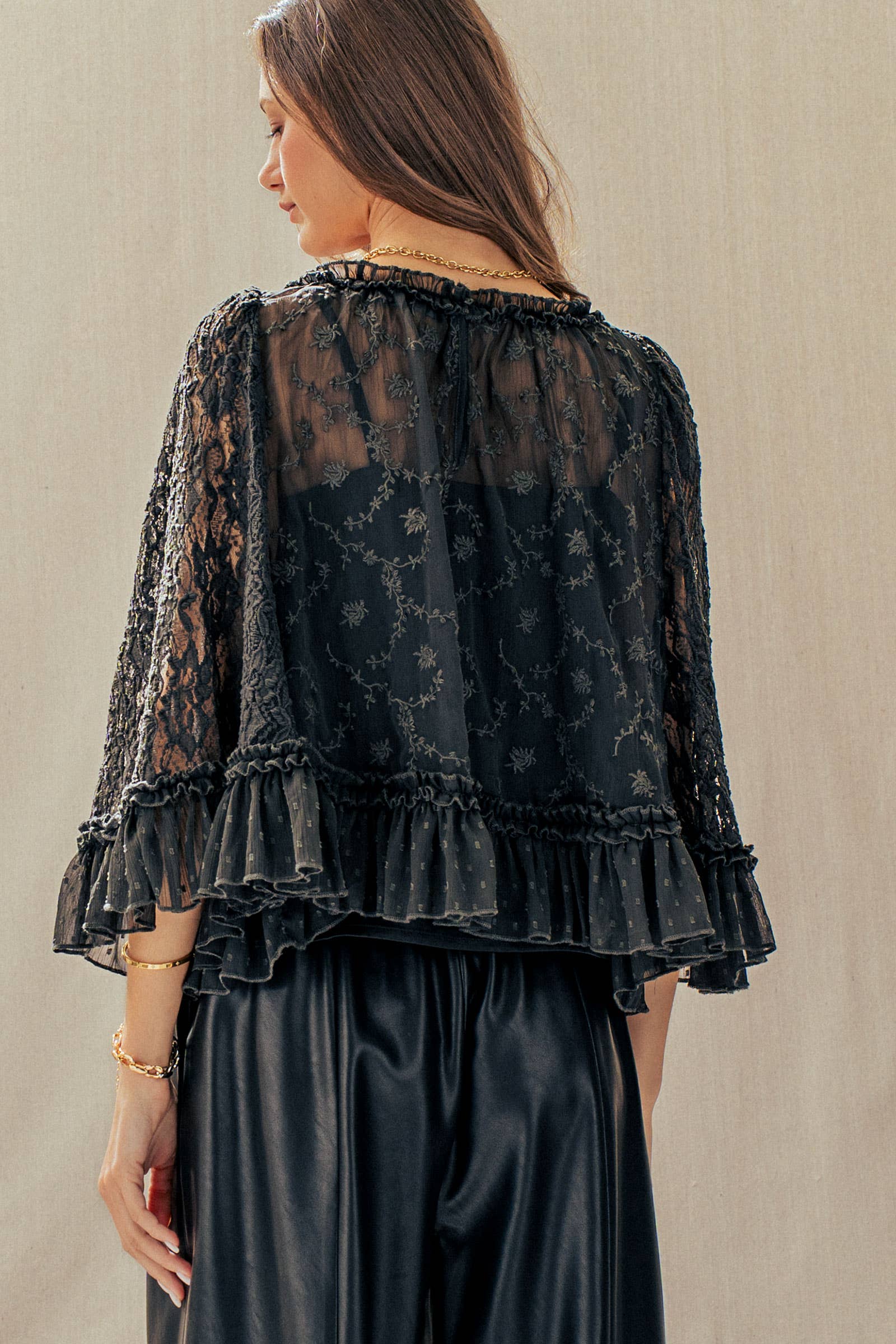 Swiss Dot Lace Top Ruffle Flutter Sleeve
