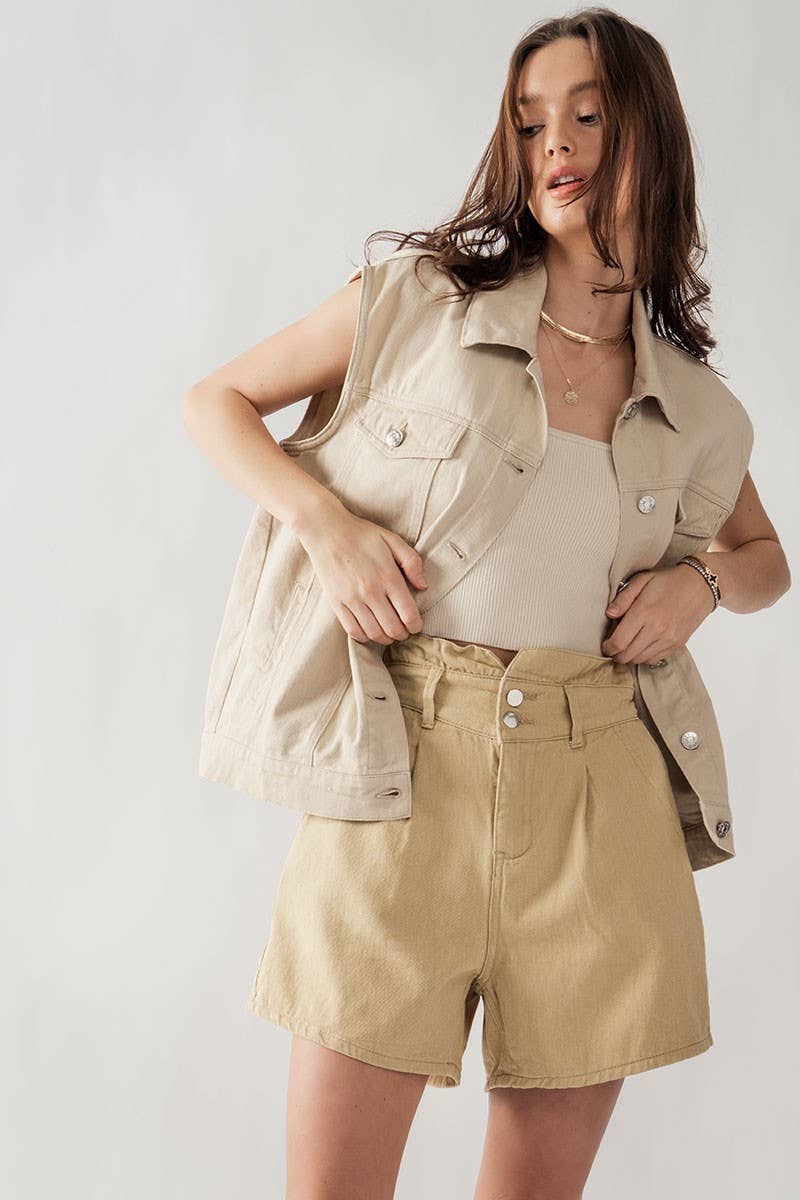 Urban Daizy Double Button Paper Bag Pleated Bermuda Shorts Beige Shorts - Women's (UDZ-PT-00015) – alternate view 6