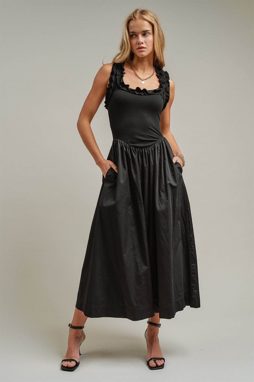 Soft Ruffle Bodice Midi Dress in BLACK - Women's Dresses | Urban Daizy