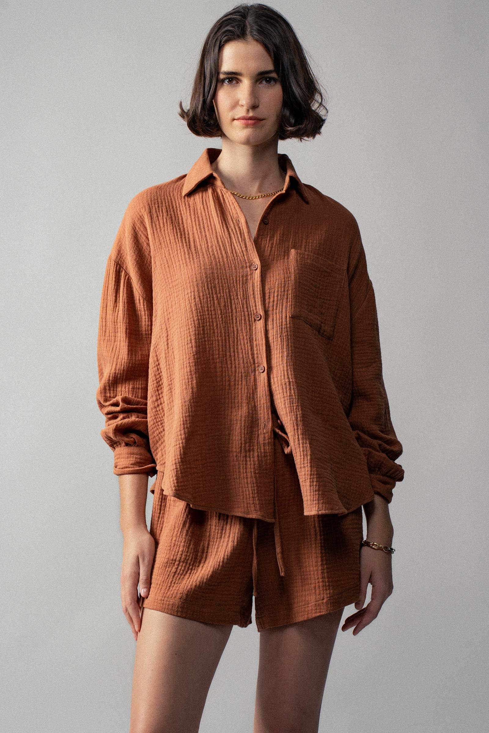 Urban Daizy Crinkle Cotton Gauze Resort Button-Up Set Brown Lounge Set - Women's (UDZ-DR-00388)