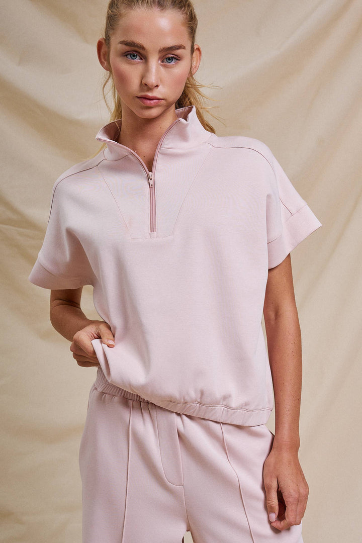 Half-Zip Short Sleeve Pullover Top | wholesale sweatshirt - women's | Urban Daizy