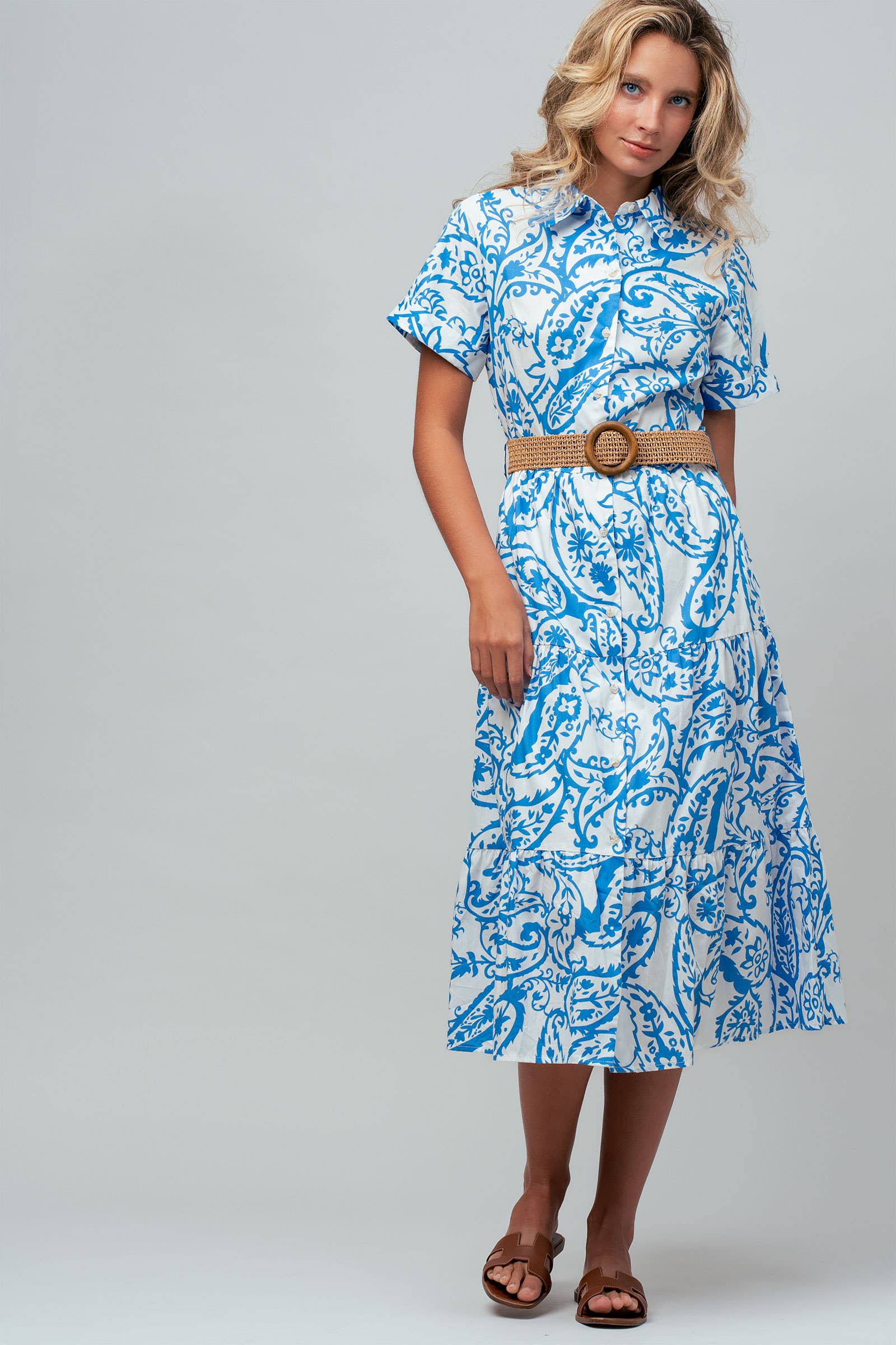 Paisley Cotton Belted Tiered Midi Shirt Dress