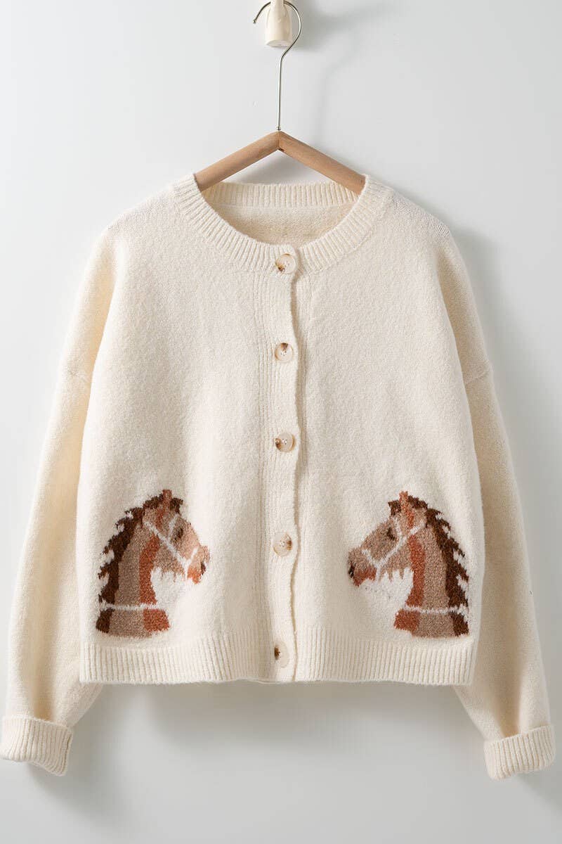 Western Horse Graphic Button Front Cropped Cardigan Sweater