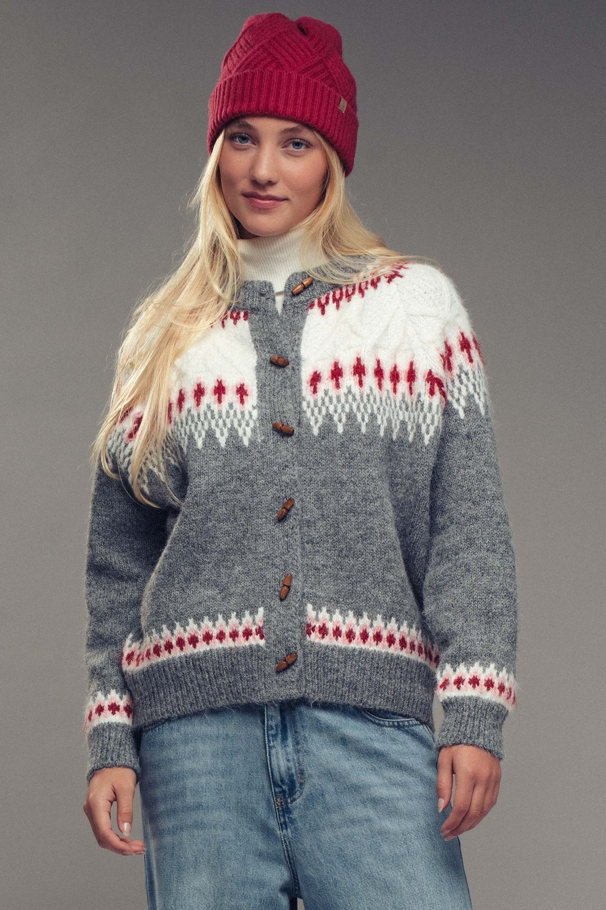 Nordic Pattern Wool Blend Toggle Cardigan