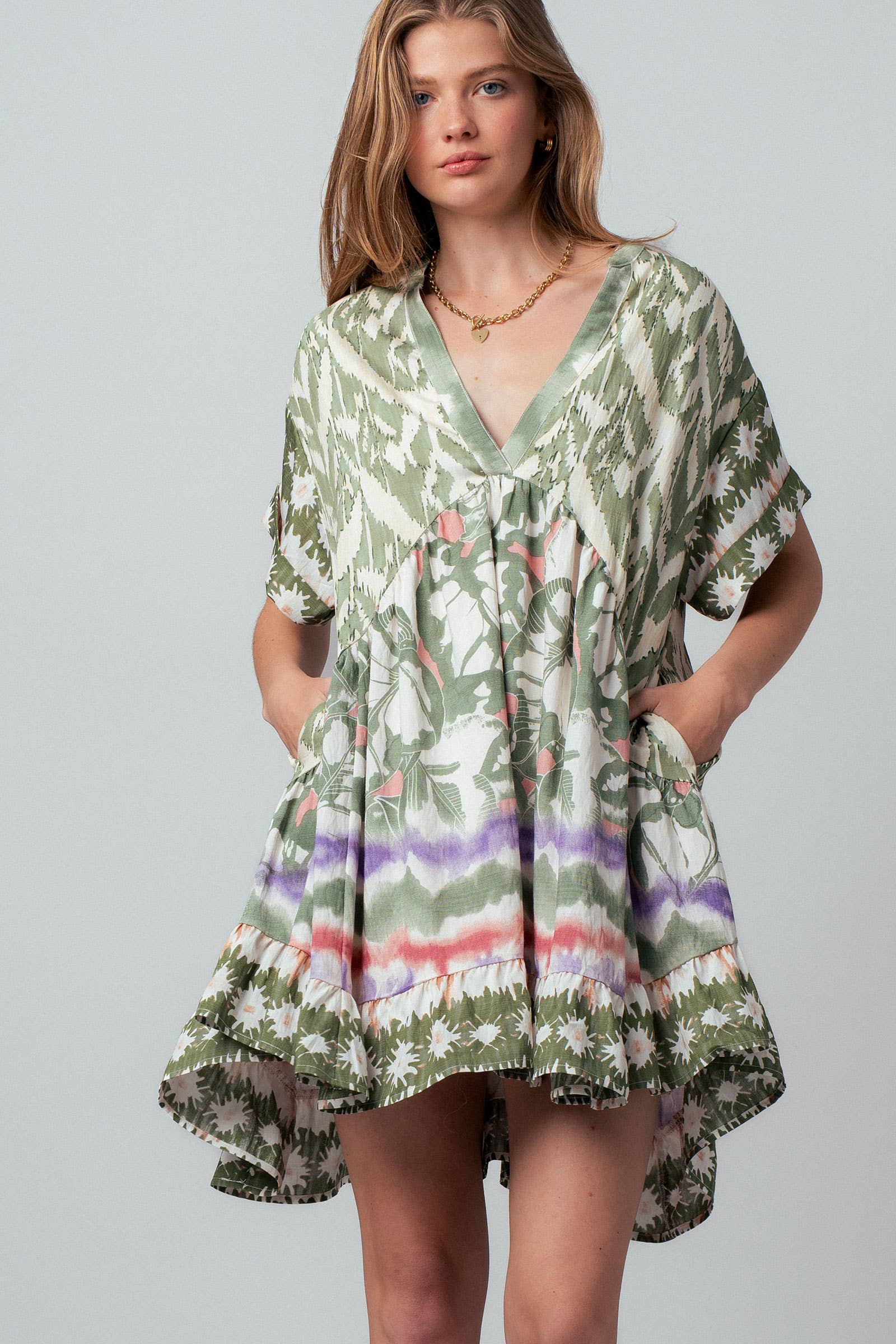 Urban Daizy Boho Mixed Print V-Neck Mini Dress Green-Multi Dress - Women's (UDZ-DR-00479) – alternate view 16