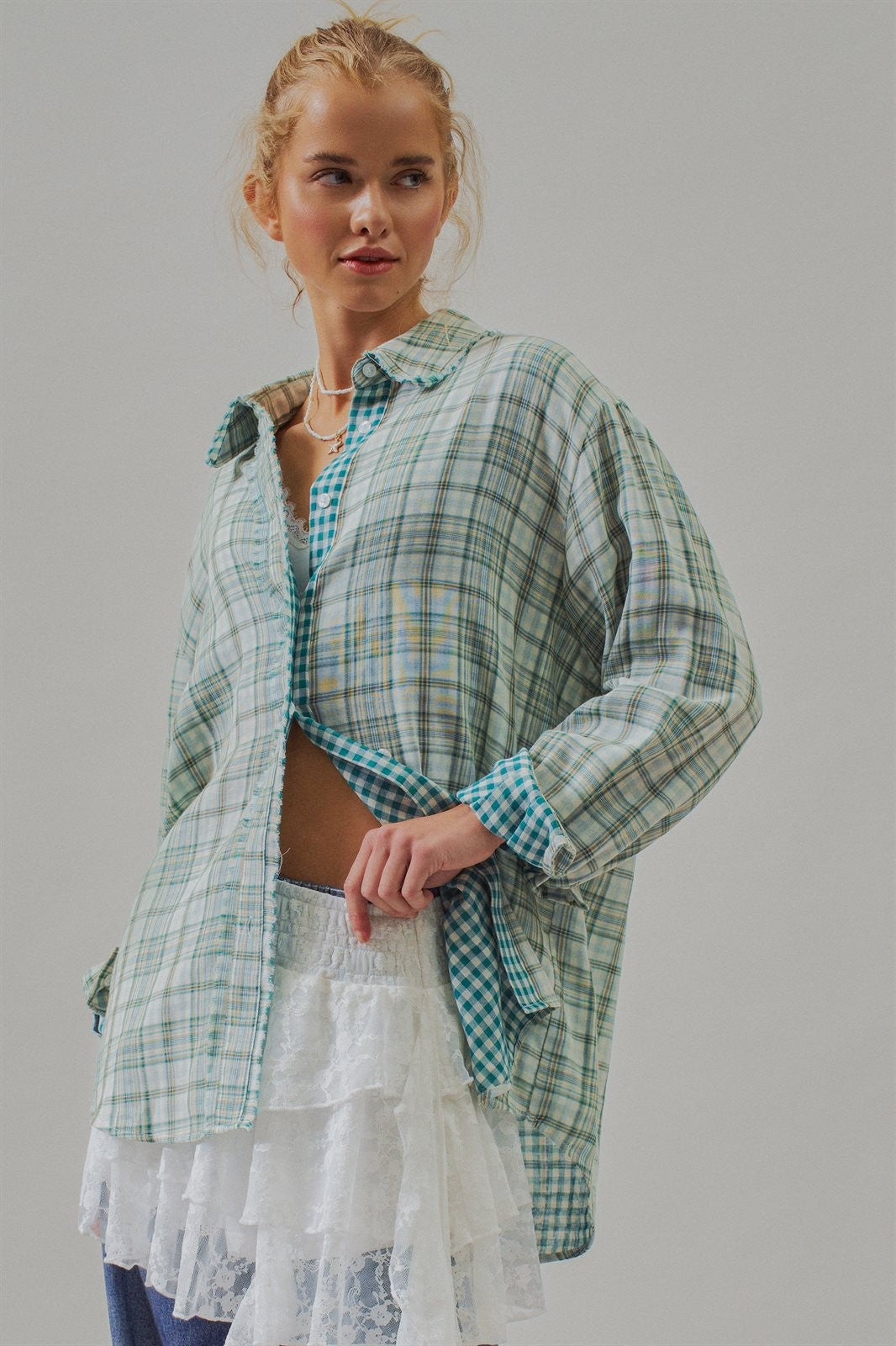 Oversized Plaid Cotton Button-Down Shirt in GREEN - Women's Shirts & Blouses | Urban Daizy