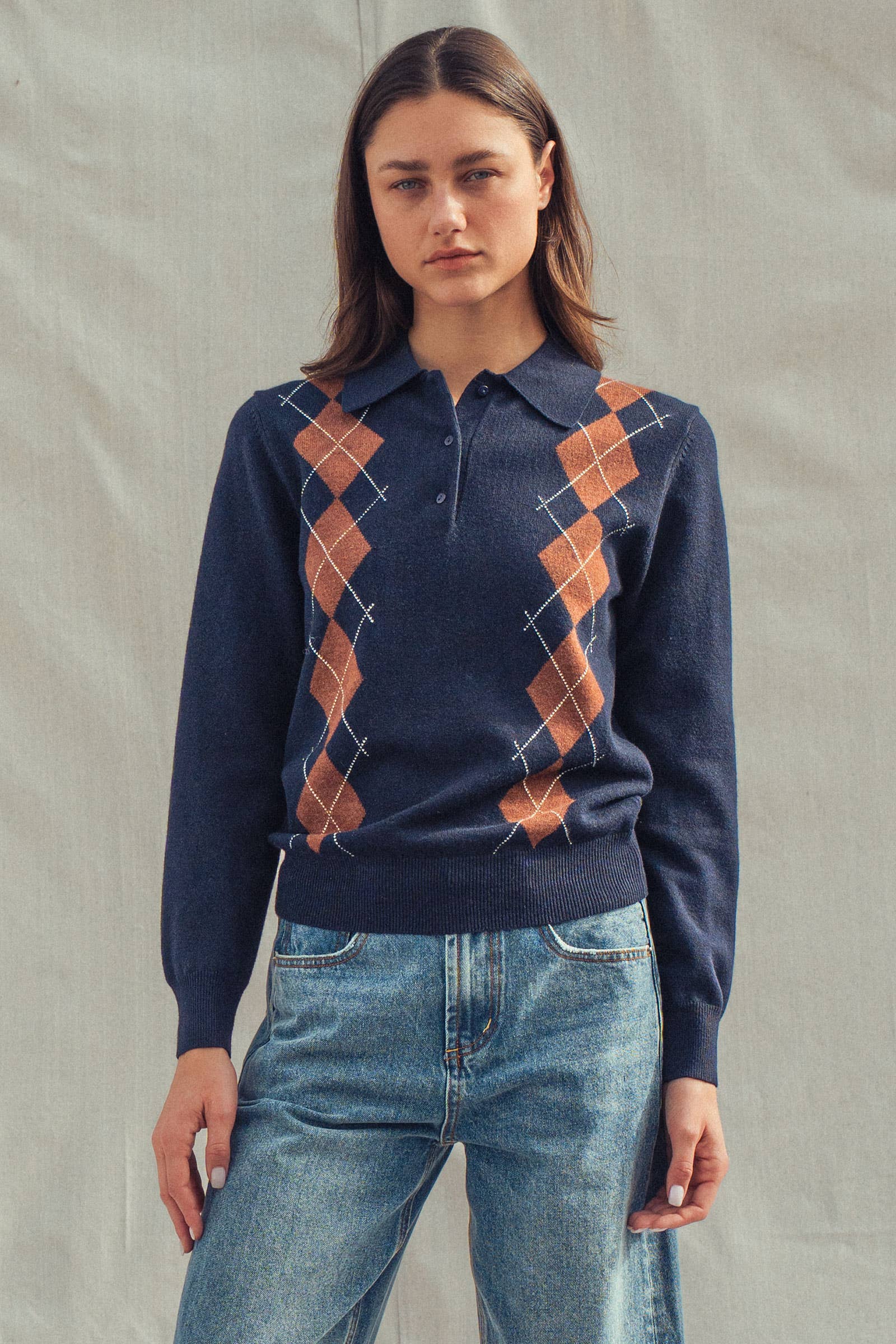 Classic Argyle Knit Polo Sweater