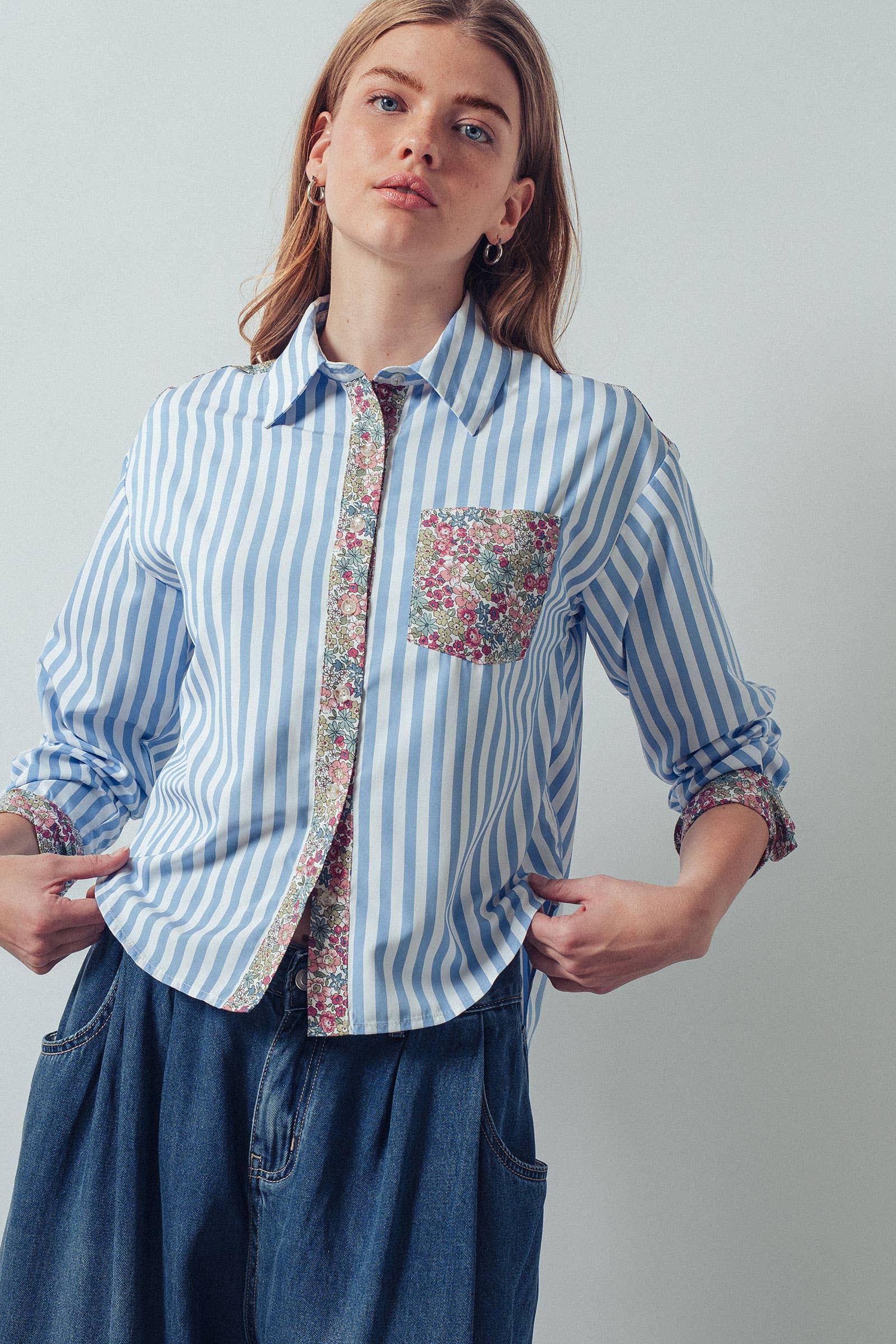 Floral Contrast Mixed Print Striped Shirt