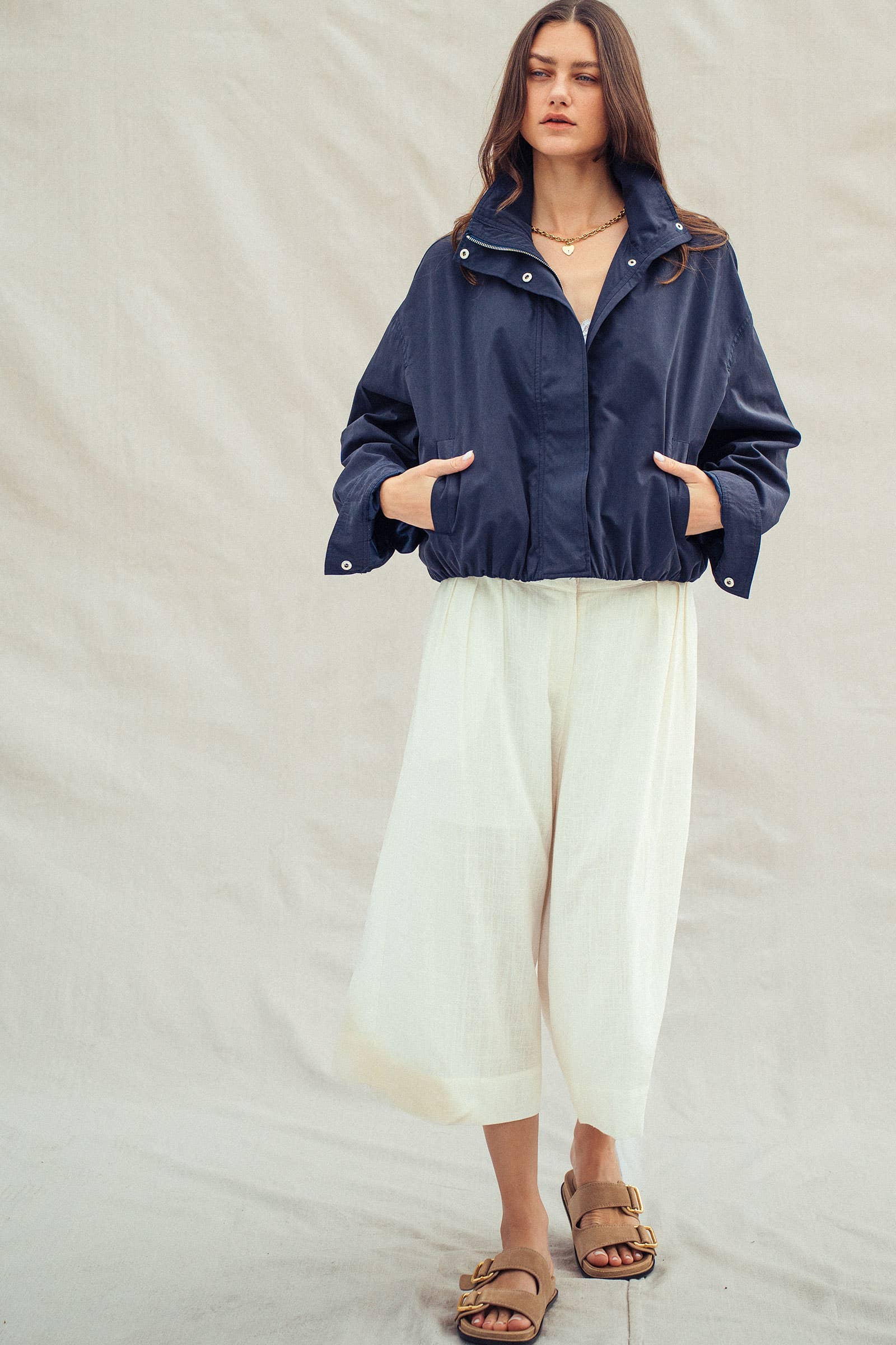 Modern Relaxed Stand Collar Camel Zip Jacket