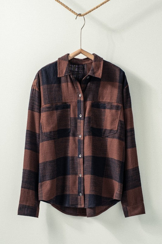 Buffalo Plaid Flannel Shirt Button Up Western Boho Top in BLACK - Women's Shirts & Blouses | Urban Daizy