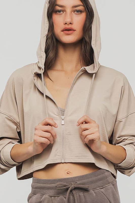 Urban Daizy Cropped Zip Up Drawstring Hooded Workout Jacket Stone Athletic Jacket - Women's (UDZ-OT-00350) – alternate view 2