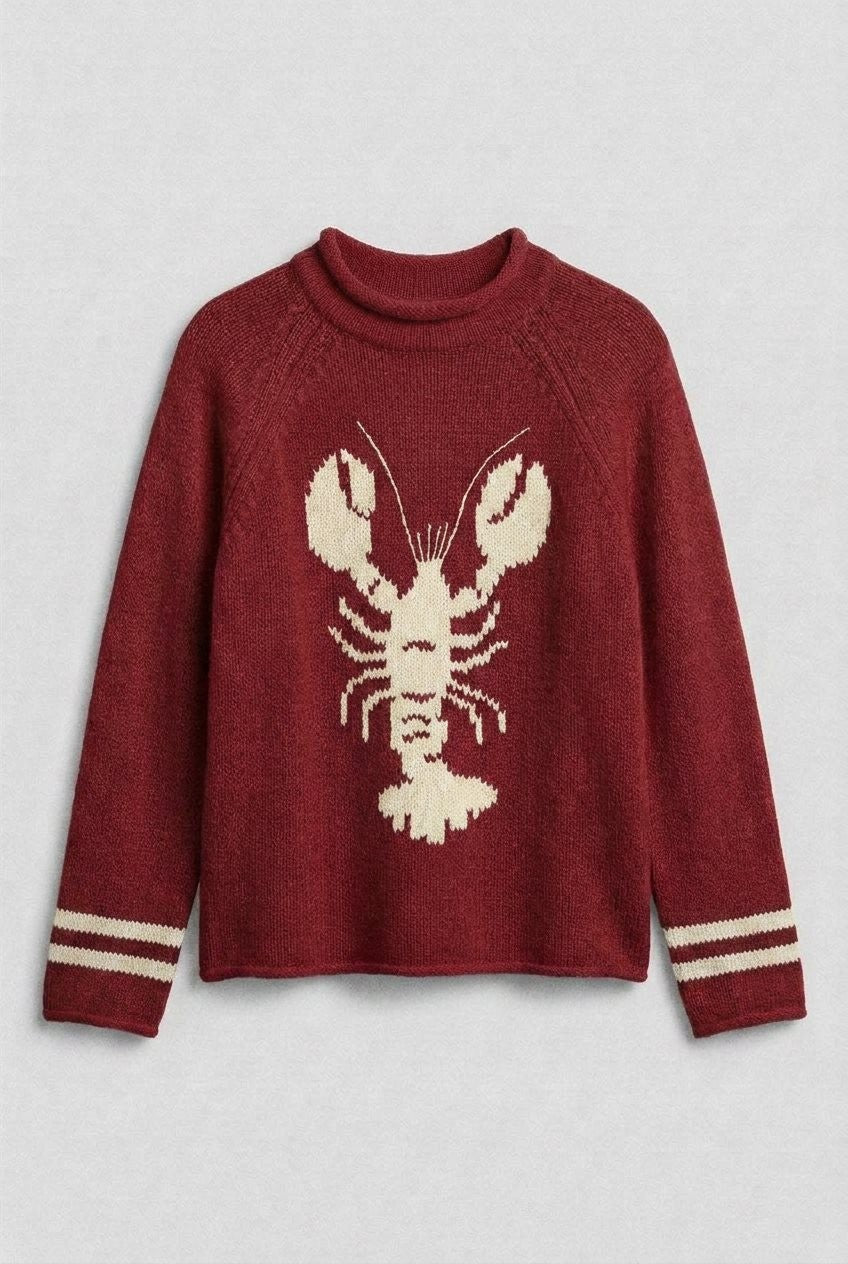 Lobster Intarsia Mock Neck Knit Sweater in BURGUNDY - Women's Sweaters | Urban Daizy