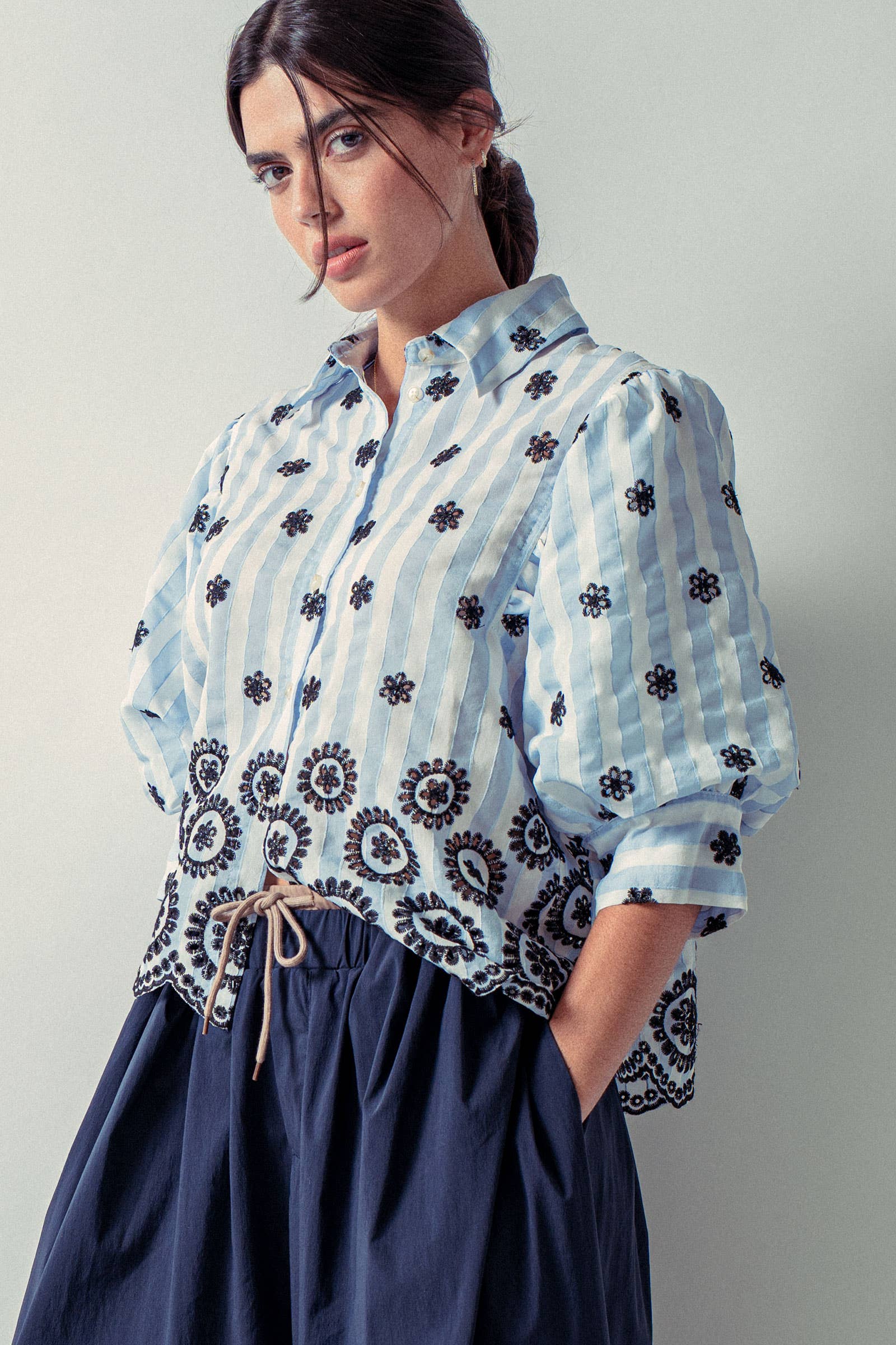 Urban Daizy Striped Floral Embroidered Scallop Blouse Olive Button Down Shirt - Women's (UDZ-TP-00953) – alternate view 9