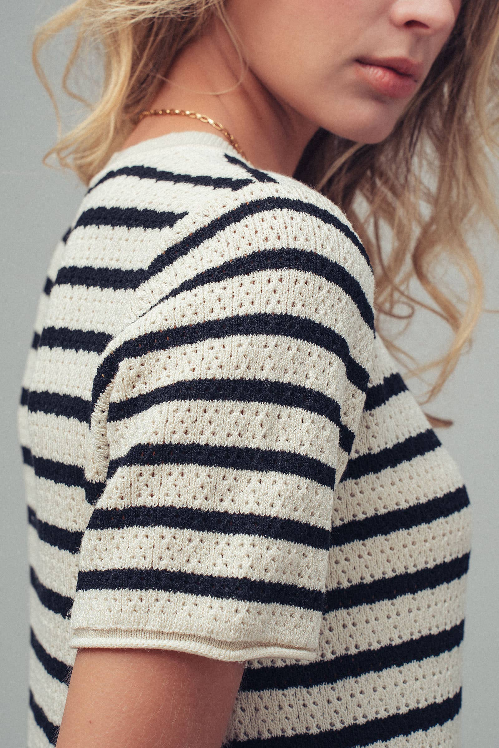 Striped Crochet Knit Short Sleeve Midi Dress