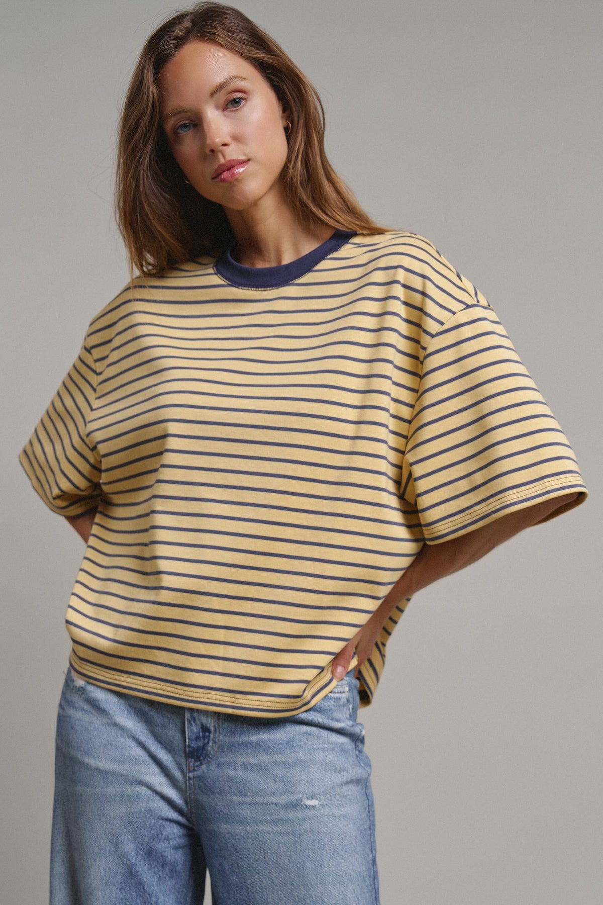 Oversized Striped Contrast Neck Boxy Tee